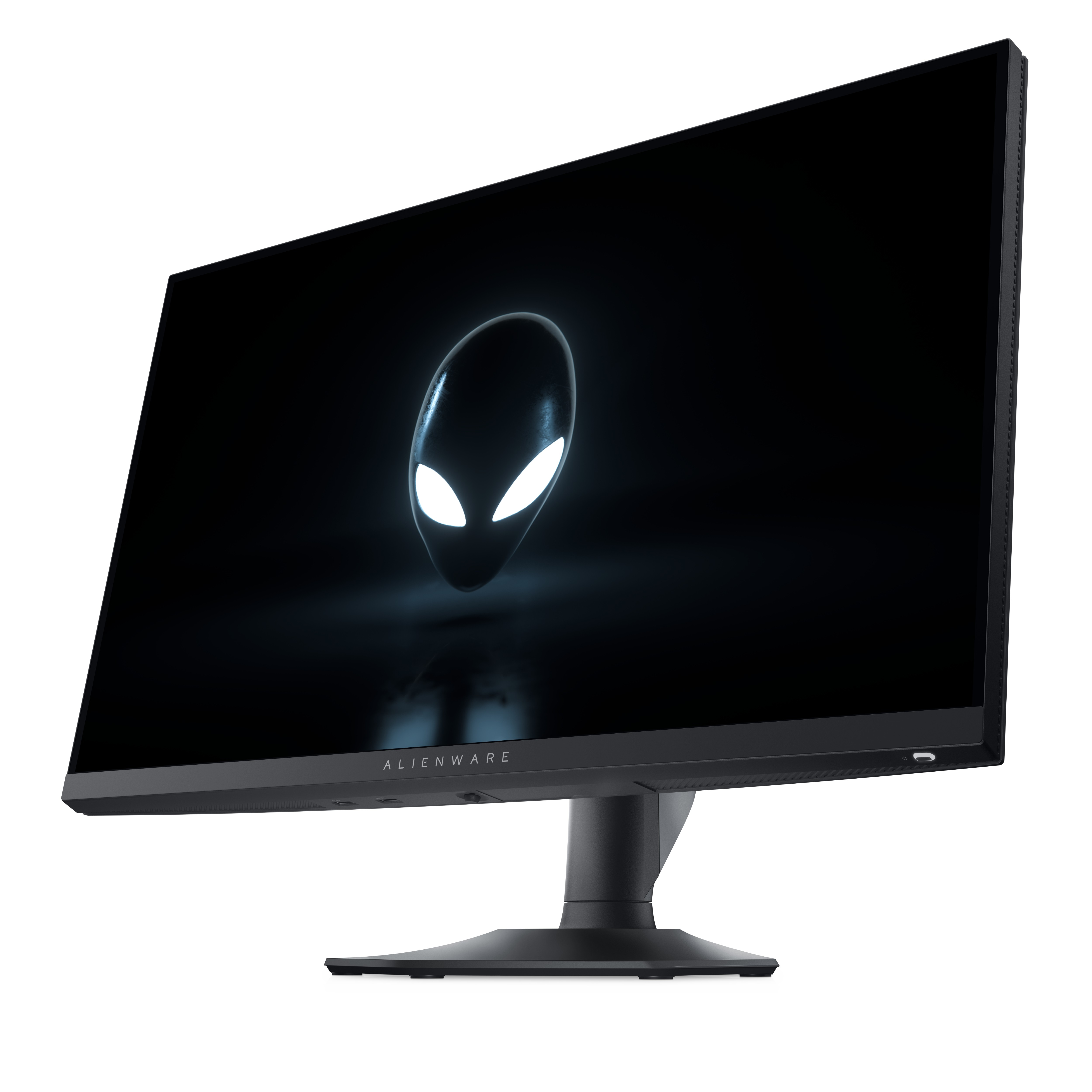 Moniteur de jeu Alienware. Cadre, support et base noirs. Logo de tête d'alien sur l'écran. Fond blanc.
