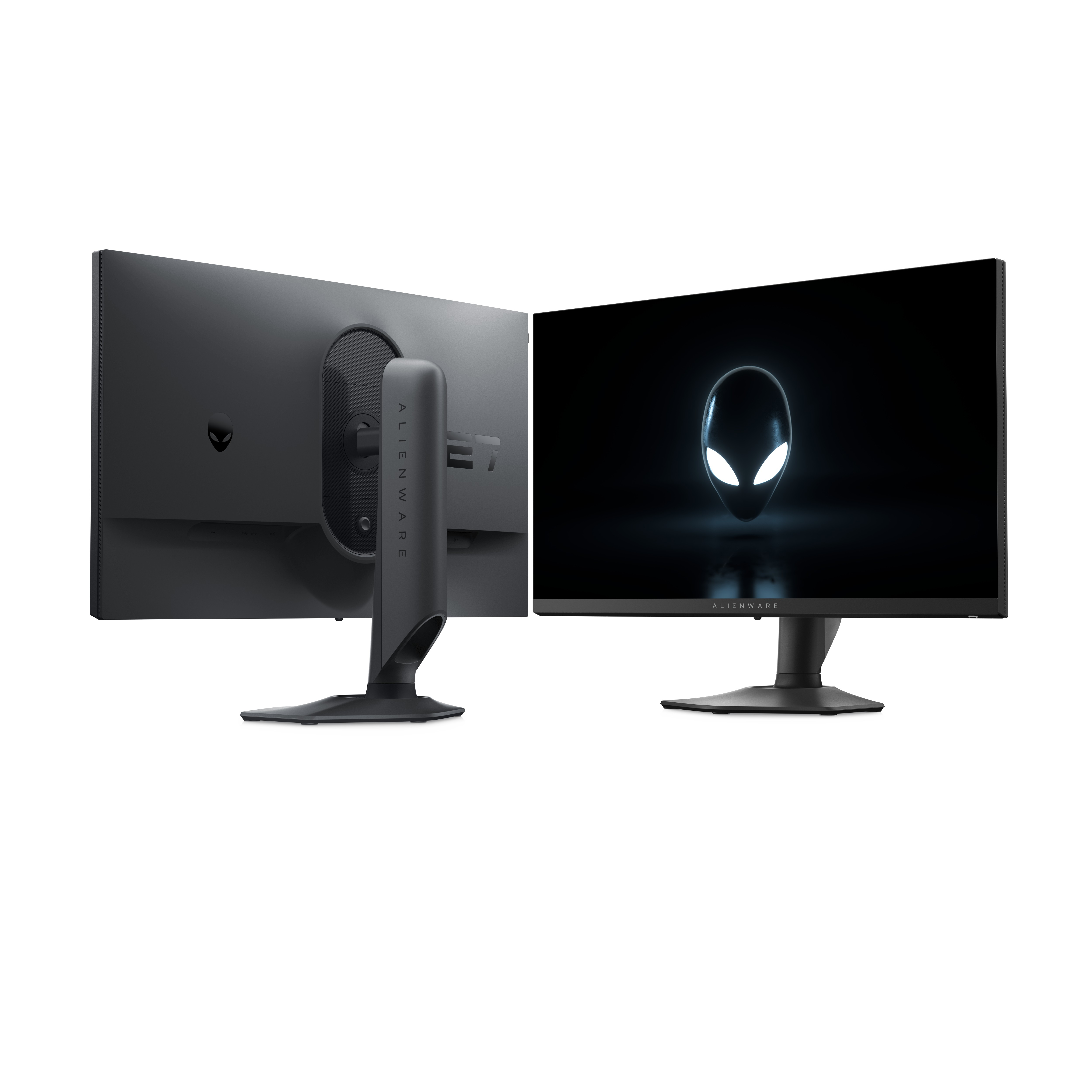 Deux moniteurs Alienware noirs. L'un montre l'arrière, l'autre l'avant avec le logo extraterrestre.