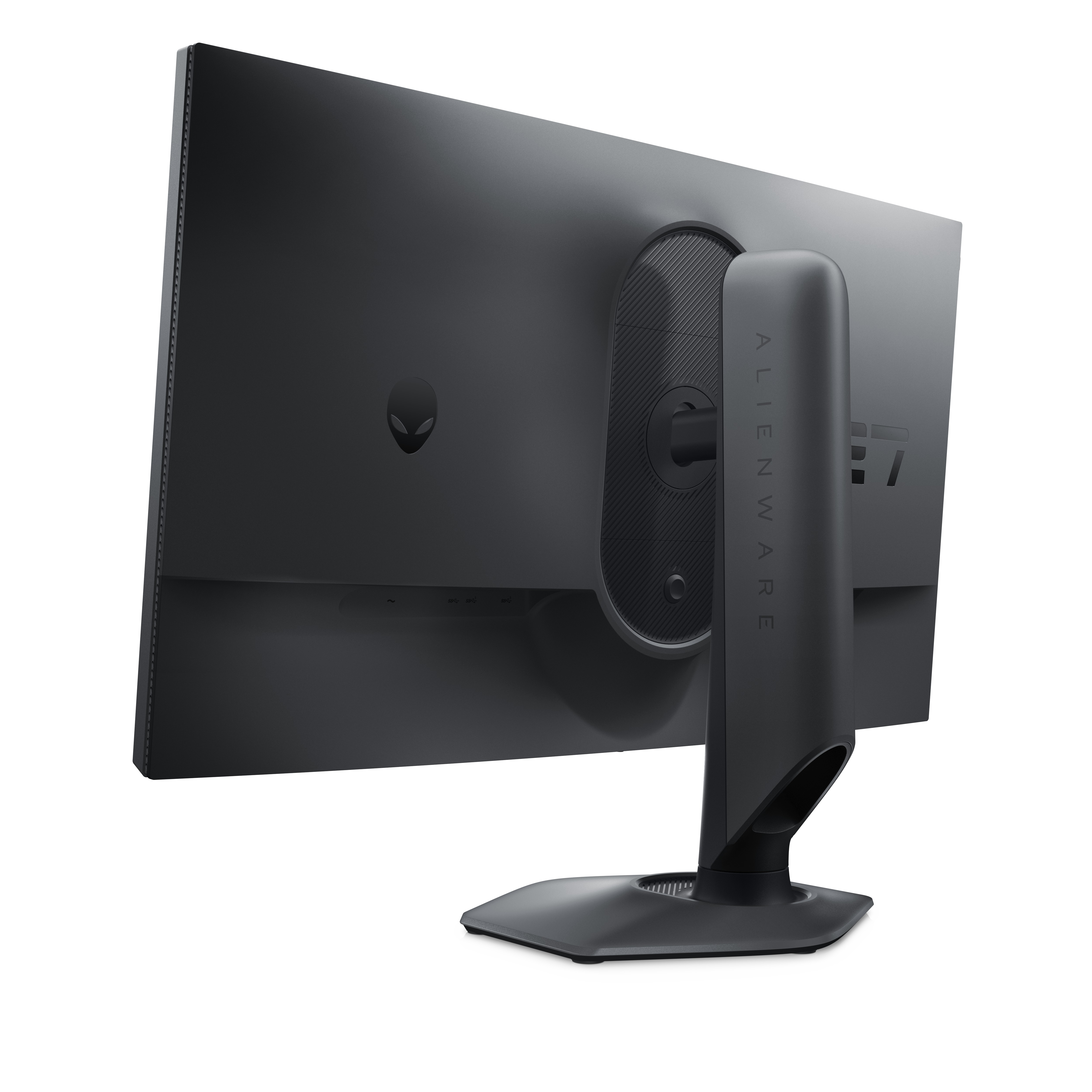 Moniteur Alienware noir vu de dos. Il a un support et le logo Alienware. Le fond est blanc.