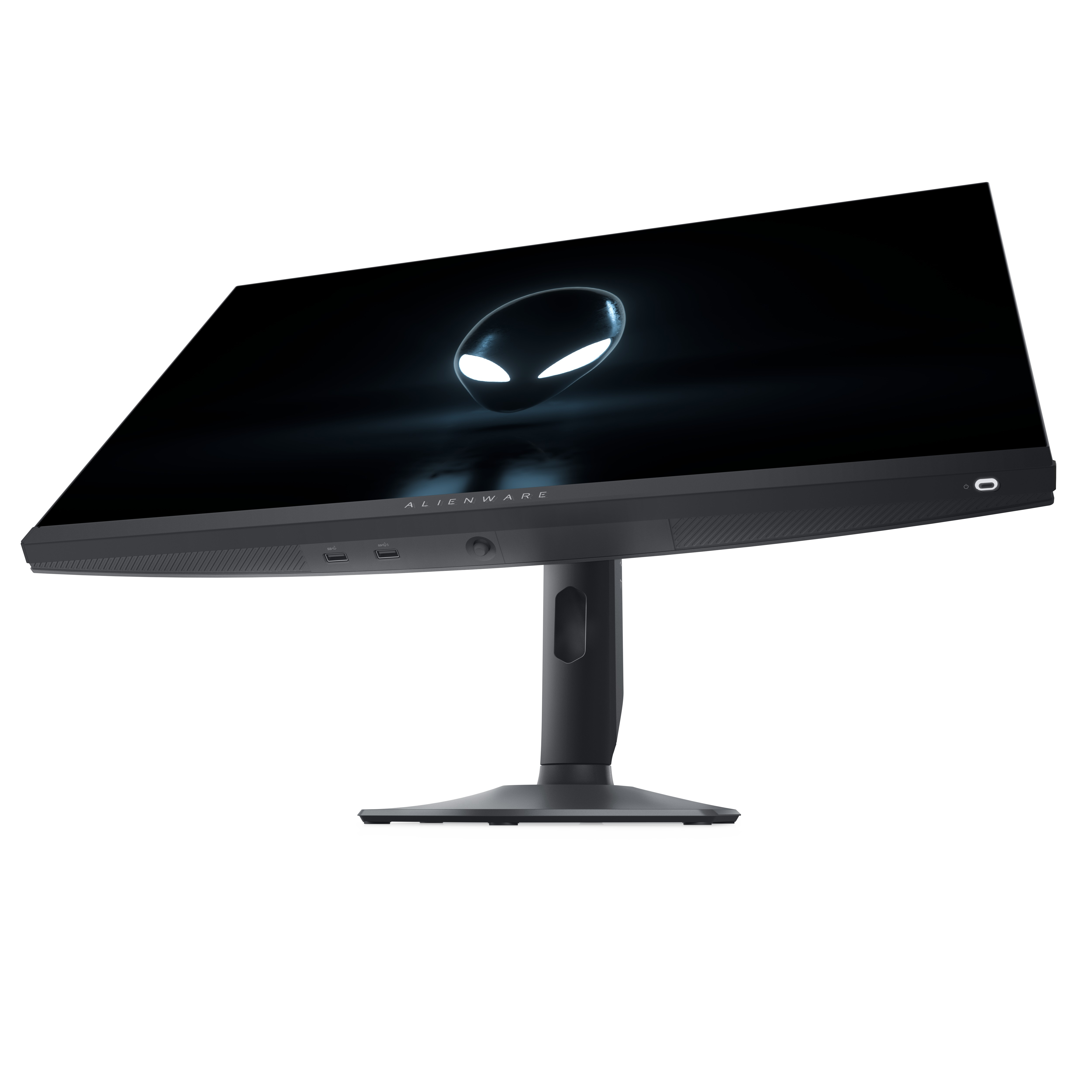 Écran Alienware. Écran noir avec logo de tête d'alien. Support et base noirs.