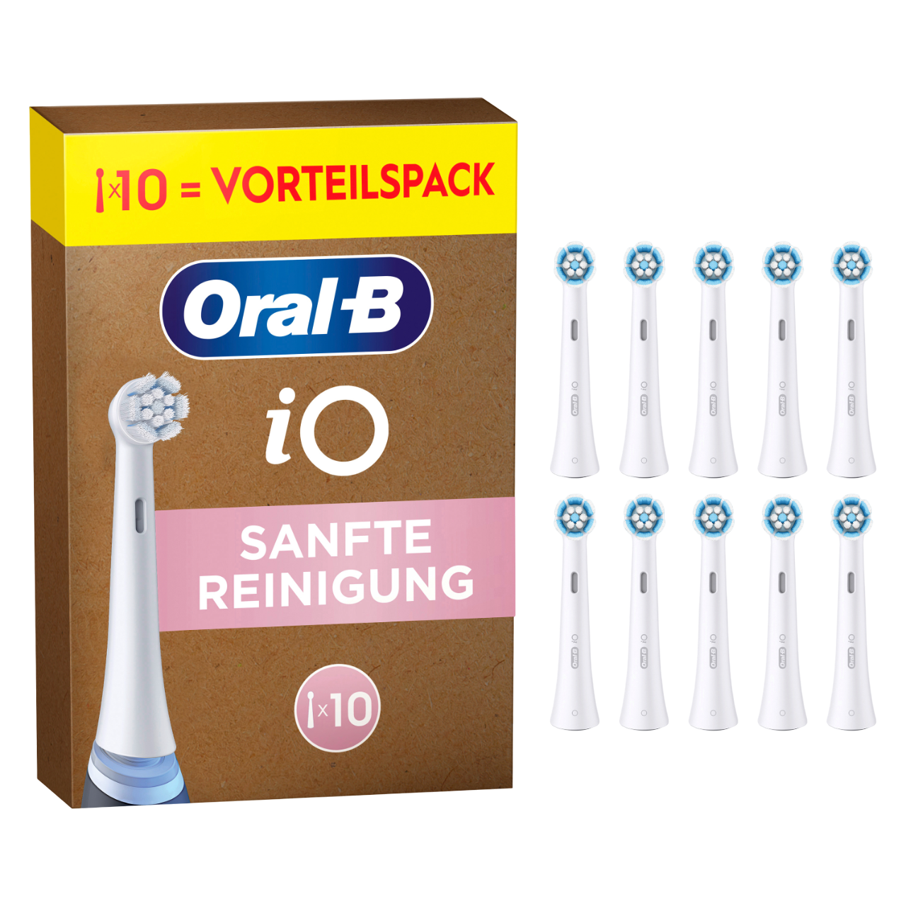 Oral-B iO Zahnbürstenköpfe und Verpackung. Auf der Schachtel sind Köpfe und Text zu sehen. Zehn Ersatzköpfe werden gezeigt.