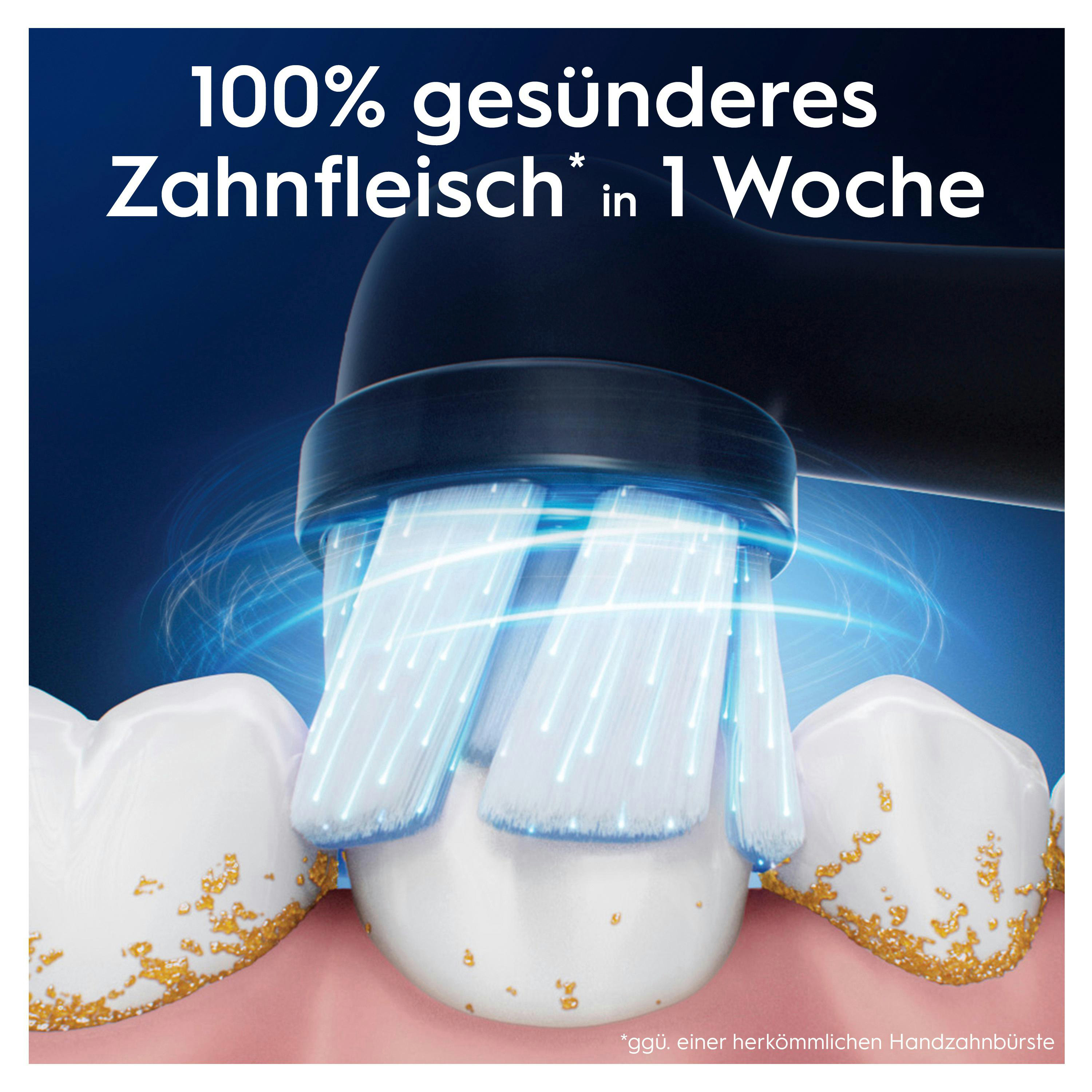 Eine elektrische Zahnbürste reinigt Zähne. Das Bild zeigt Zähne, Zahnfleisch und die Zahnbürste mit deutschem Text.