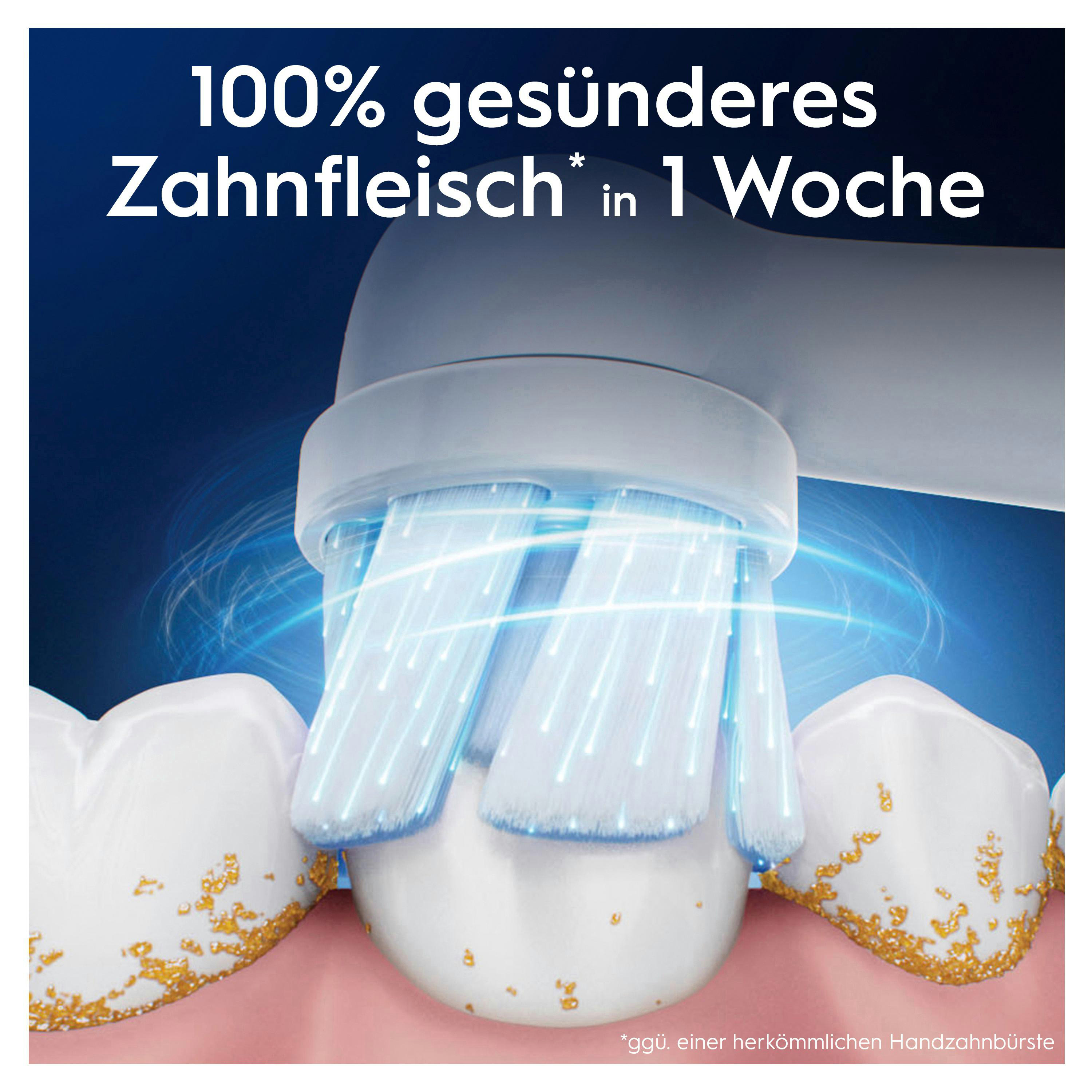 Eine elektrische Zahnbürste reinigt die Zähne. Text: '100 % gesünderes Zahnfleisch in 1 Woche'. Zähne mit Goldbelag.