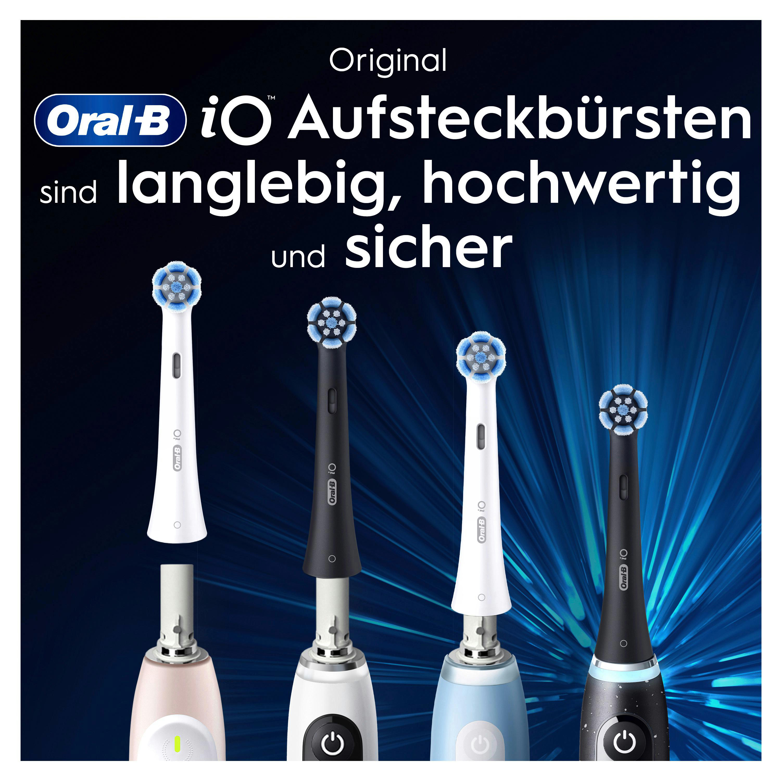 Das Bild zeigt Oral-B iO Zahnbürstenköpfe. Der Text besagt, dass sie langlebig, hochwertig und sicher sind. Verschiedene Farben und Designs.