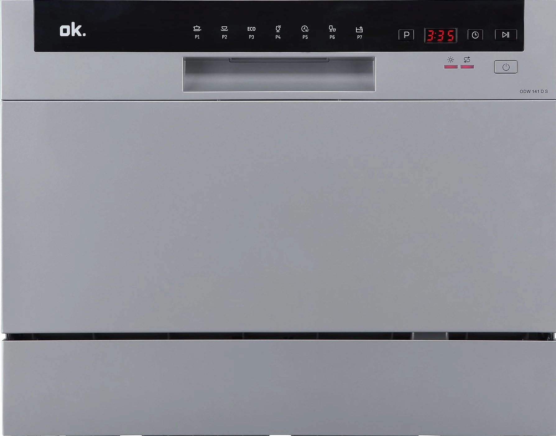 Srebrna zmywarka z czarnym panelem sterowania wyświetlającym opcje programu, timer i markę 'ok.'.