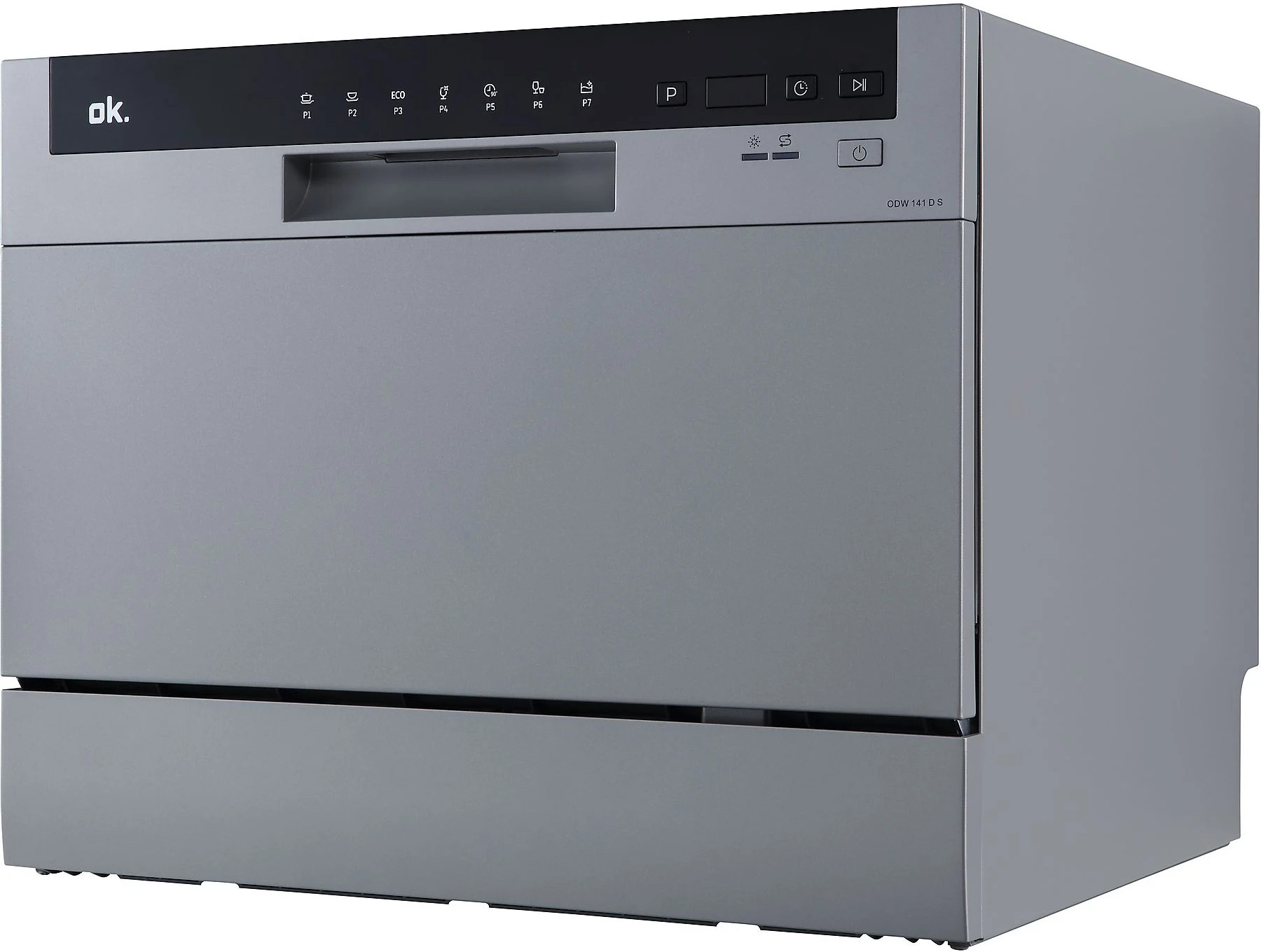 Szara zmywarka z przyciskami i marką 'ok.' u góry. Model to ODW 141 D S.