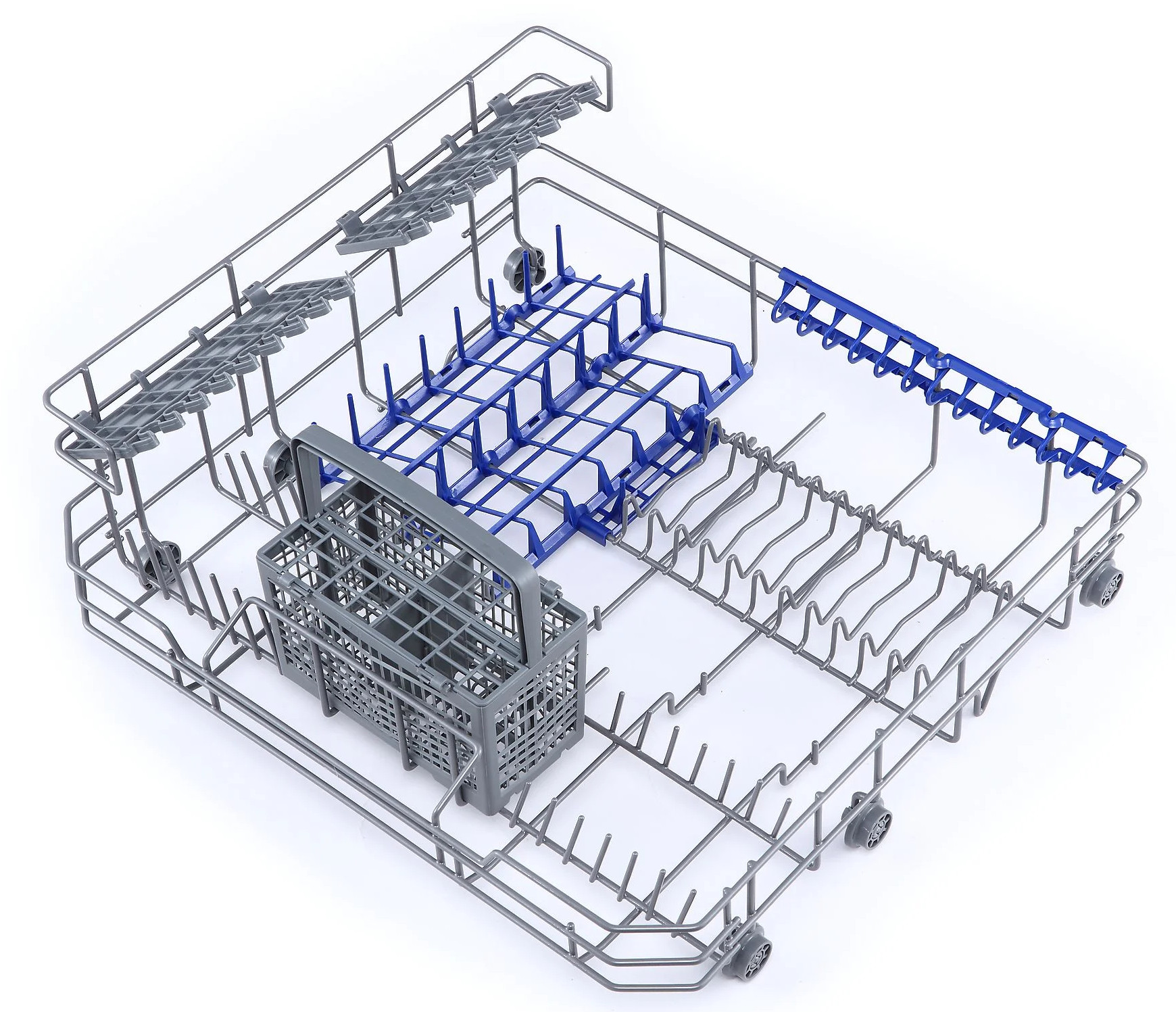 Stelaż zmywarki z niebieskimi i szarymi elementami, w tym koszem na sztućce. Stelaż znajduje się na białym tle.