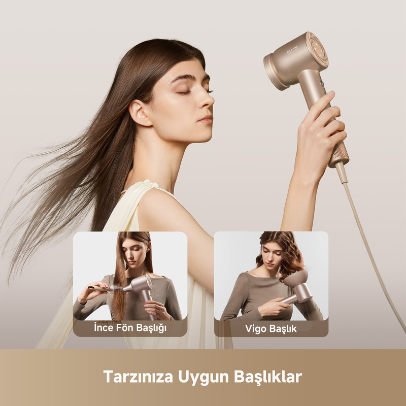 Bir kadın, gözleri kapalı, saçı savrulurken altın rengi bir saç kurutma makinesi tutuyor. İki küçük resim başlıkları gösteriyor. Alt metin: 'Tarzınıza Uygun'.