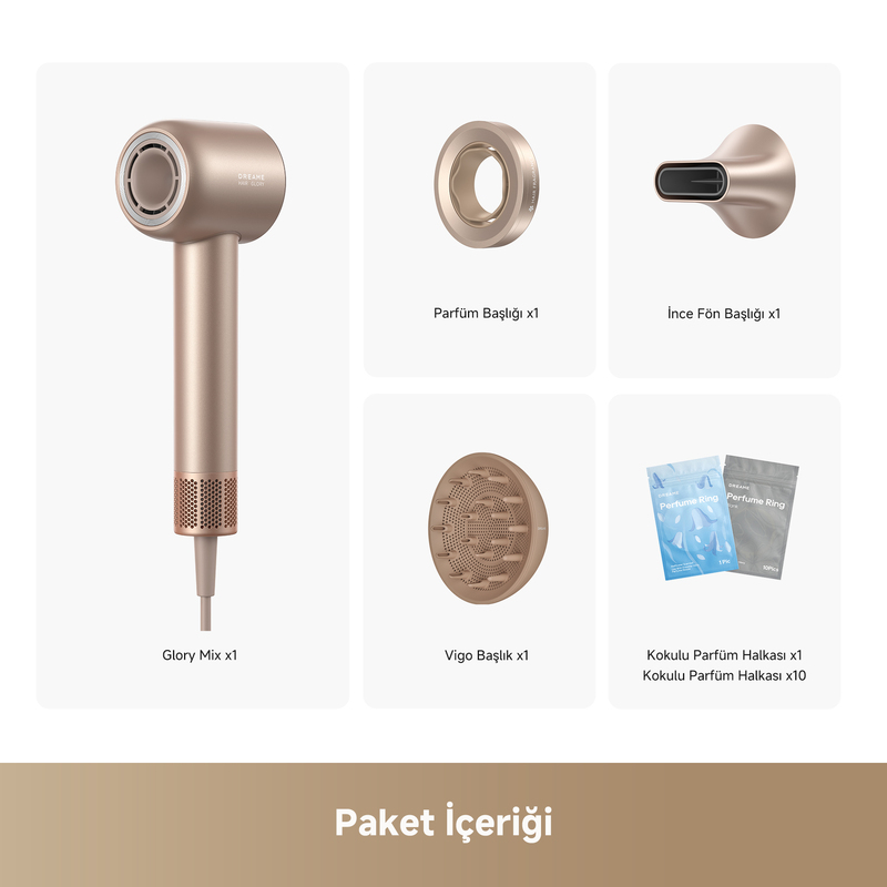 Altın bir saç kurutma makinesi, parfüm halkası, ince saç kurutma makinesi başlığı, vigo başlığı ve parfüm halkası torbaları görüntülenir.