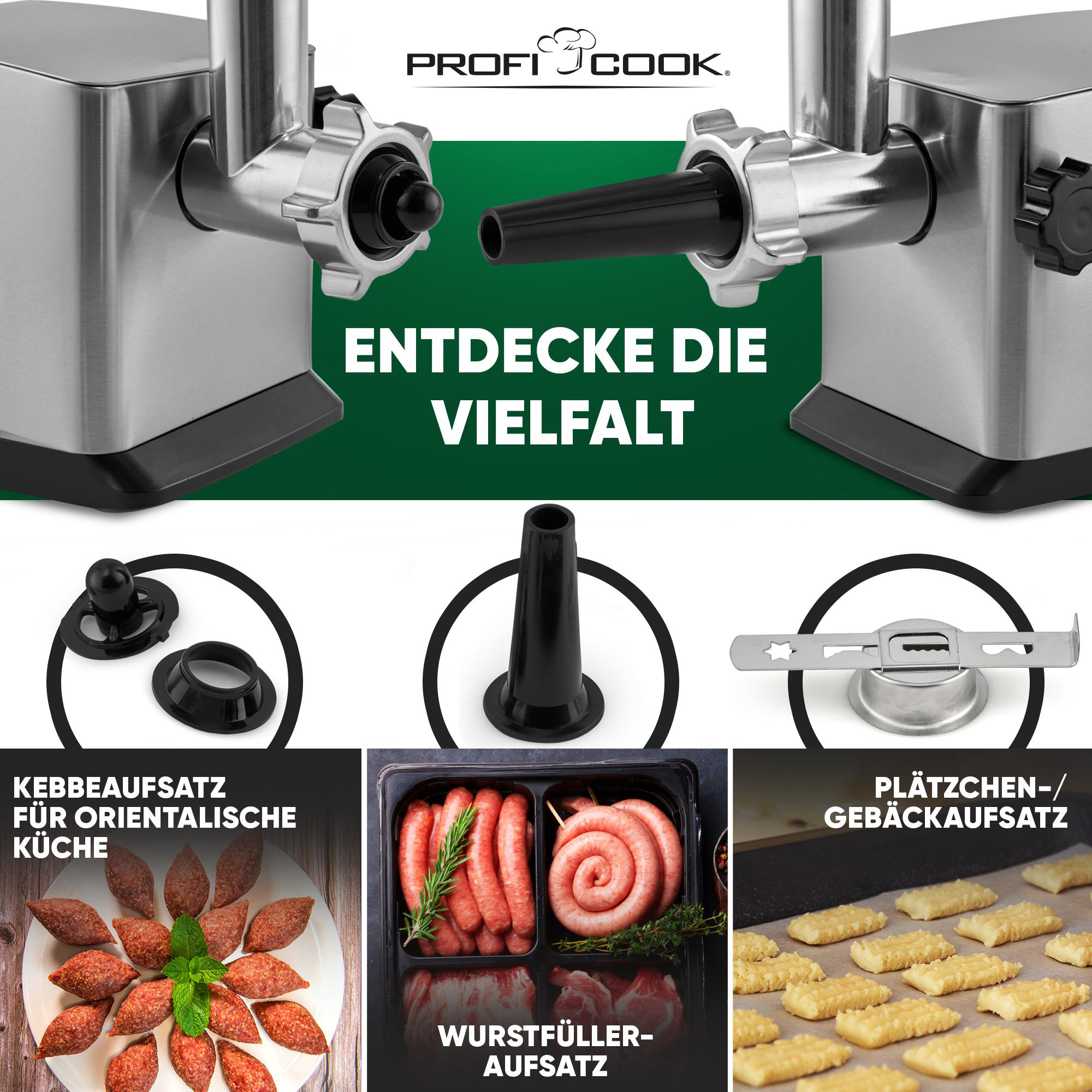 Ein Küchengerät mit Aufsätzen für verschiedene kulinarische Aufgaben, einschließlich Wurstherstellung.
