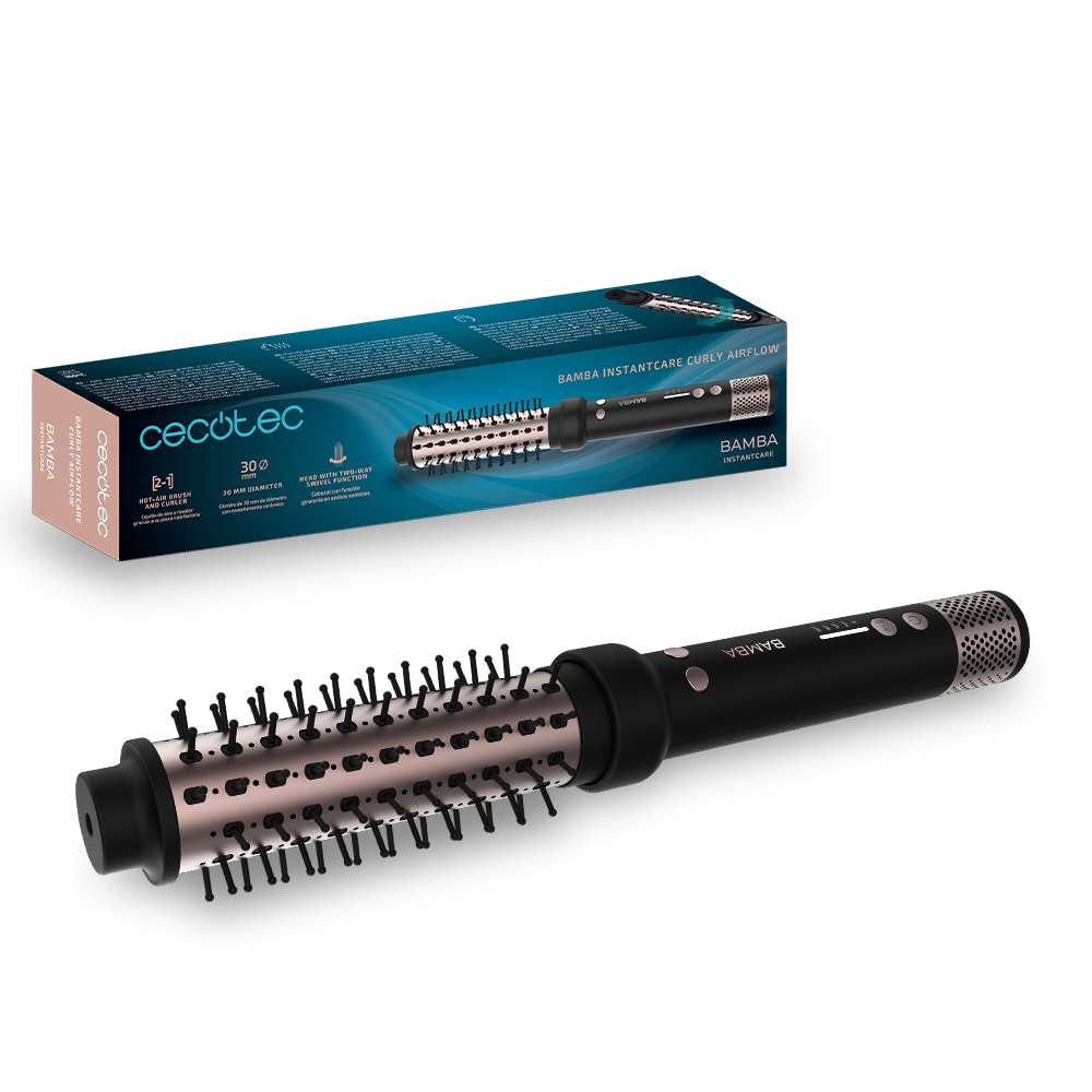 Se muestra un moldeador de cabello Cecotec Bamba InstantCare curly airflow, con su caja en el fondo. El moldeador es negro y oro rosa.