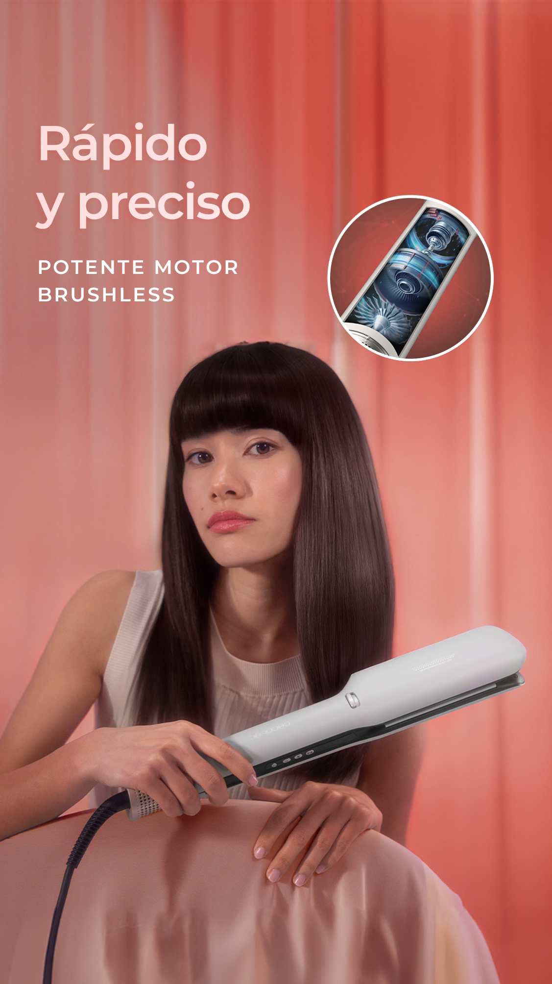 Una mujer sostiene una plancha para el pelo blanca. El texto dice 'Rápido y preciso'. El fondo es naranja. Una imagen circular muestra el motor del dispositivo.