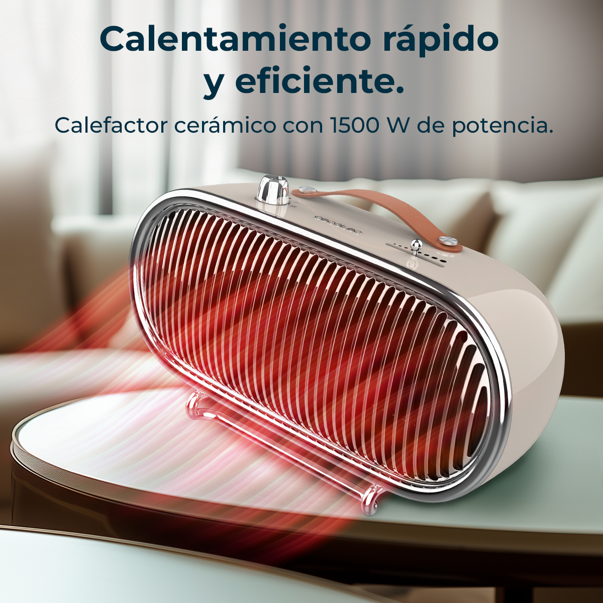 Un calefactor cerámico de diseño retro sobre una mesa. Ondas de calor rojas emanan. Texto: Calentamiento rápido y eficiente.