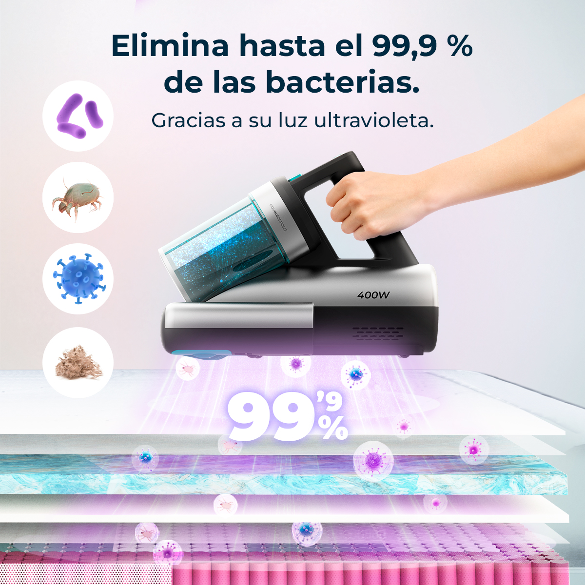 Una persona sostiene una aspiradora sobre ropa de cama en capas. La imagen muestra la función antibacteriana de la aspiradora con una afirmación del 99,9 %.