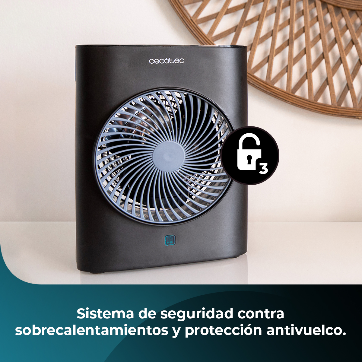Ventilador negro con aspas azules sobre una superficie blanca. Un icono de candado está en el ventilador. Fondo con elemento decorativo de madera.