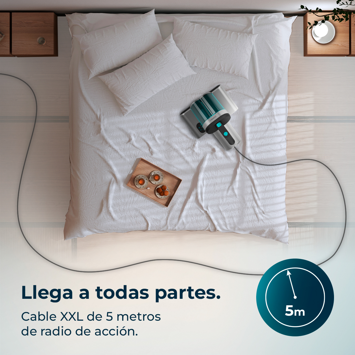 Vista cenital de cama con aspiradora, bandeja con snacks e icono de radio de 5m. Texto: 'Llega a todas partes'.