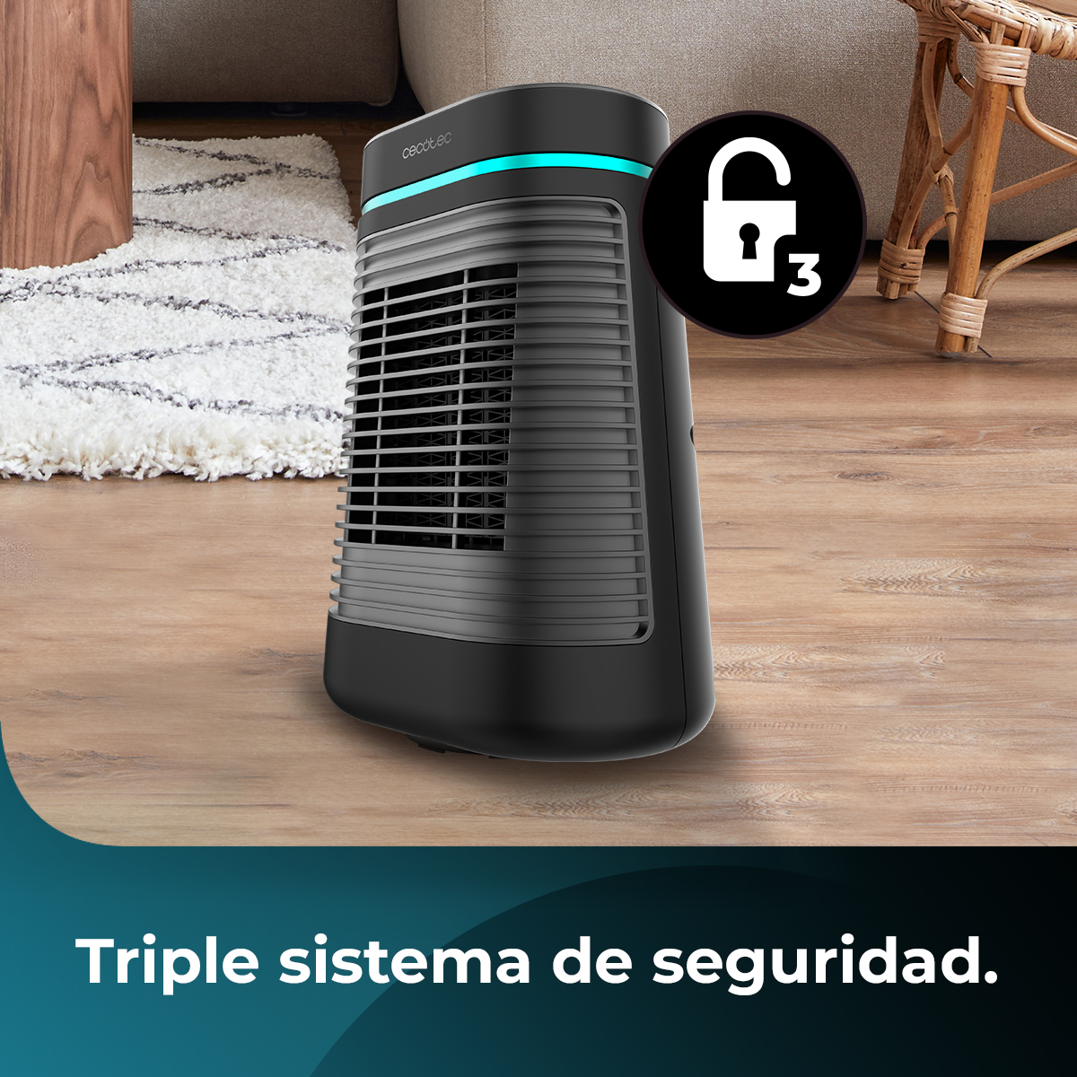 Un calefactor negro y gris con una luz azul en la parte superior. Un icono de candado con el número tres es visible. El texto dice 'Triple sistema de seguridad'.
