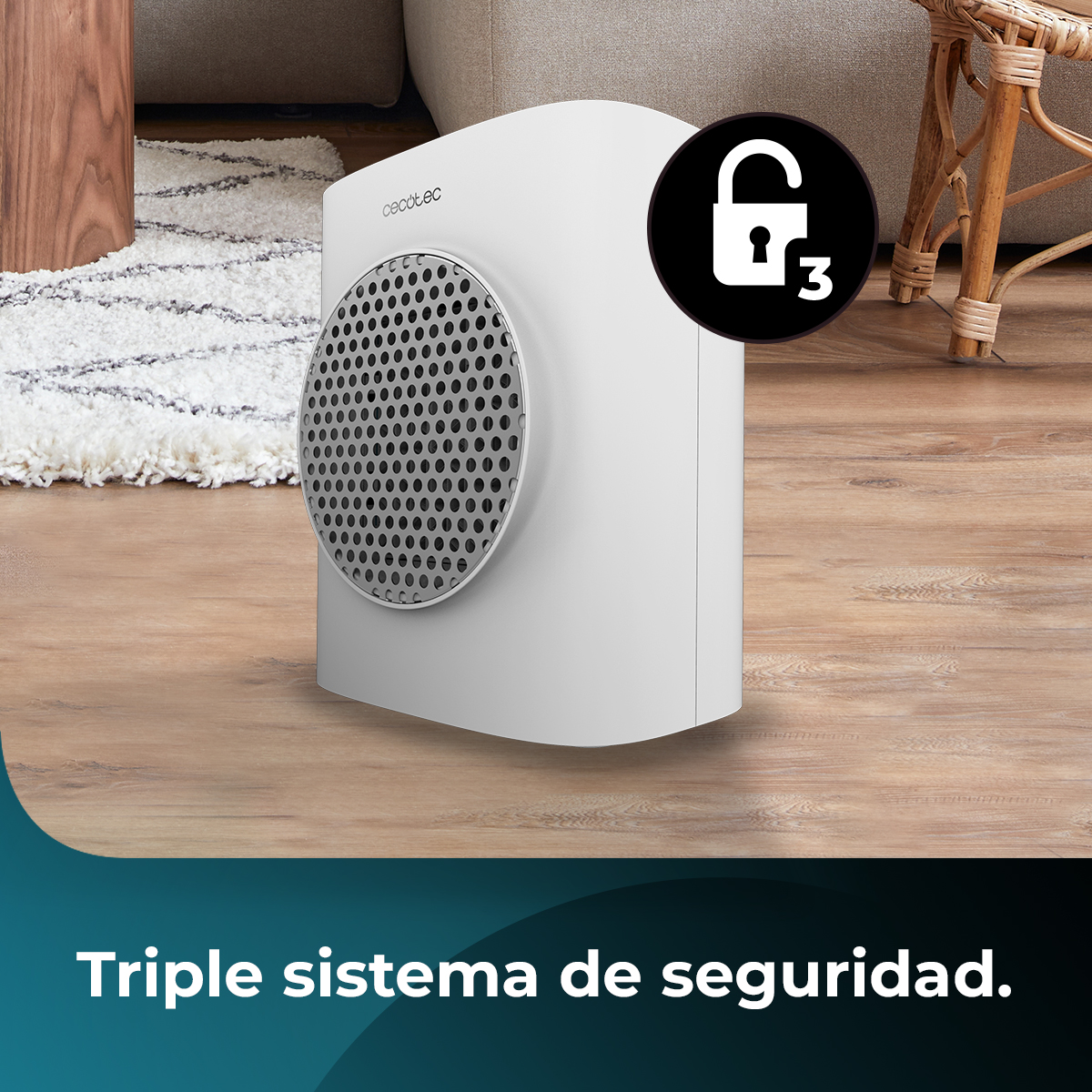 Un purificador de aire blanco con frente redondo perforado. Un círculo negro con un icono de candado está a la derecha. Texto abajo: Triple sistema de seguridad.