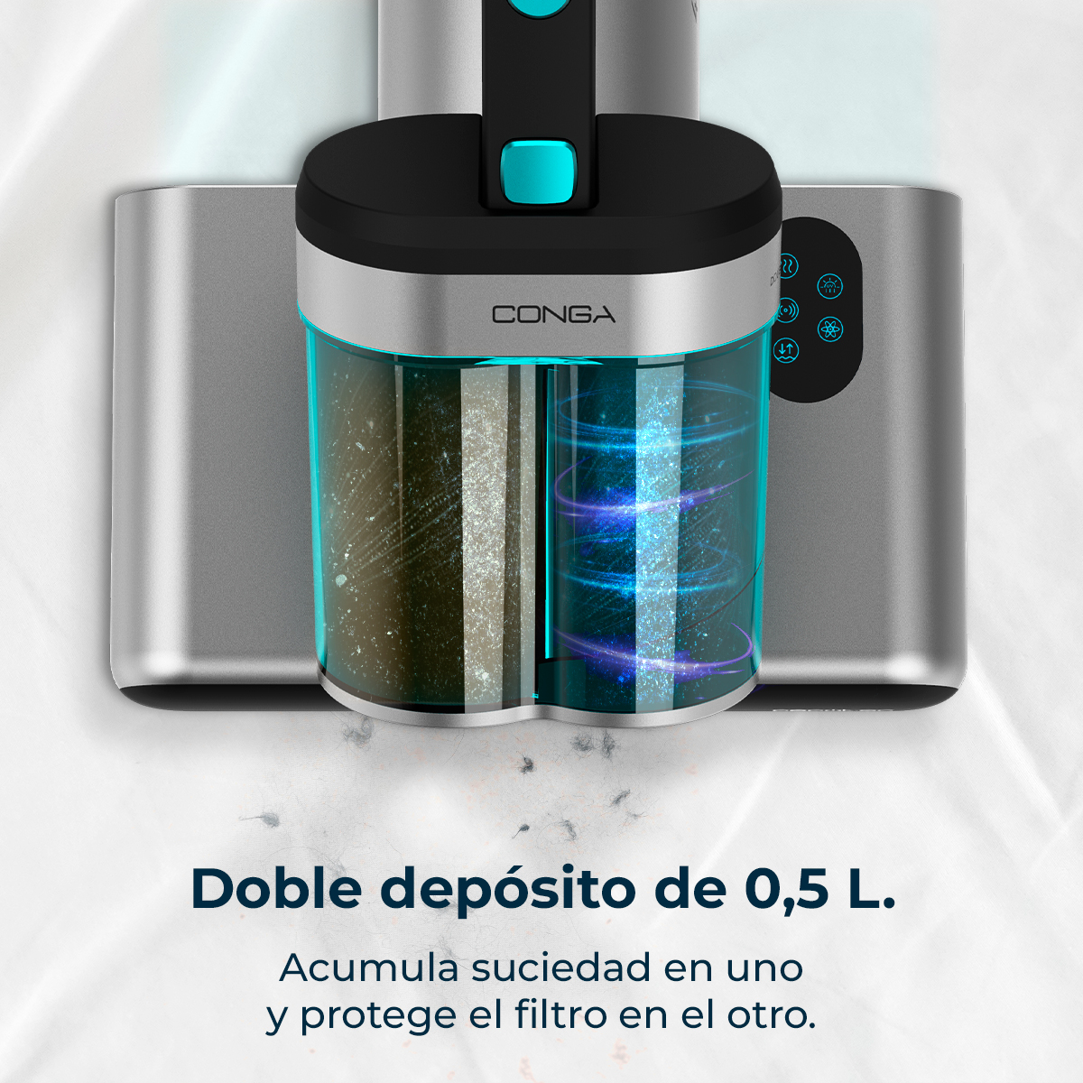 Detalle de la aspiradora. Un dispositivo negro y plateado con un recipiente transparente que muestra suciedad y un filtro. La marca es 'CONGA'.