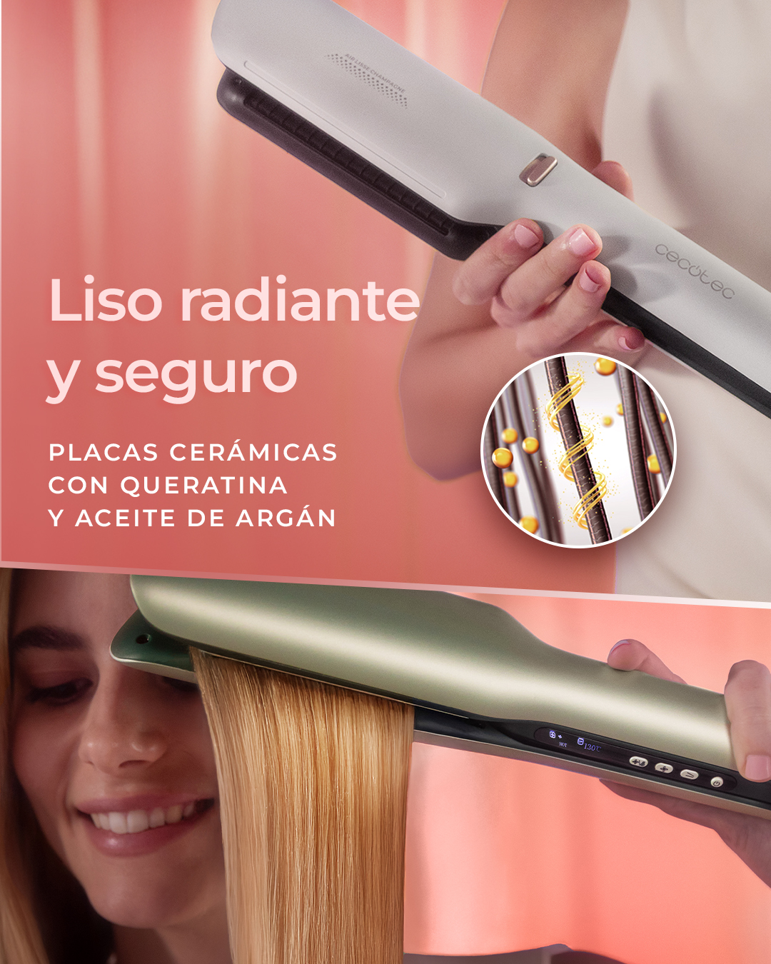 Mujer usando una plancha para el pelo. La plancha es verde. El texto dice 'Liso radiante y seguro' y 'PLACAS CERÁMICAS'.