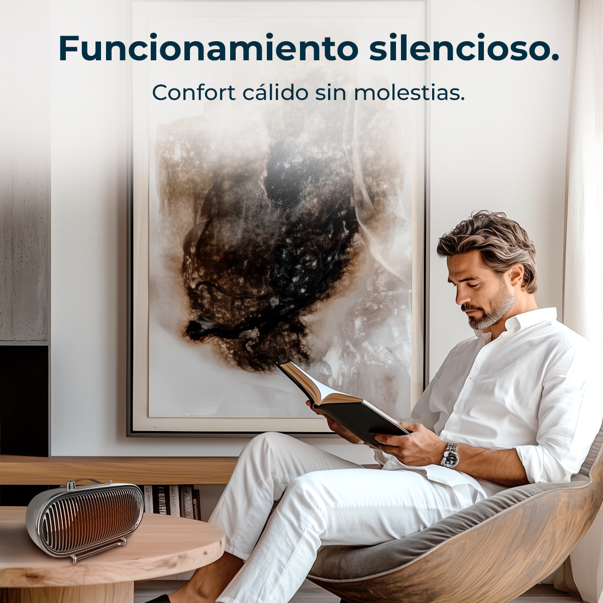 Un hombre lee un libro en una silla, un calentador está cerca de la mesa. Hay una pintura en la pared. Texto: Funcionamiento silencioso. Confort cálido sin molestias.