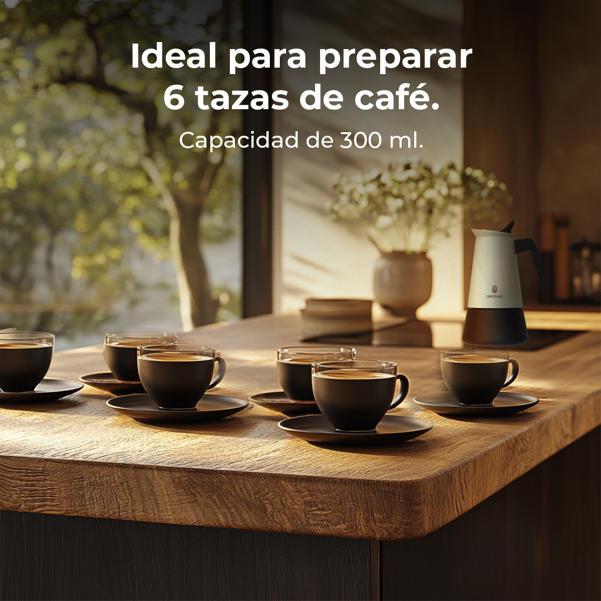 Seis tazas de café sobre una mesa de madera. Una cafetera está a la derecha. Texto: Ideal para preparar 6 tazas de café. 300 ml.