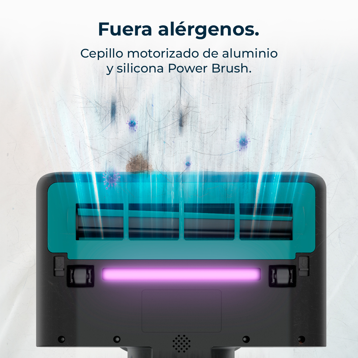 Cabezal de aspiradora con diseño en verde azulado y negro. Se aspira polvo y residuos, con una luz púrpura en la parte inferior.