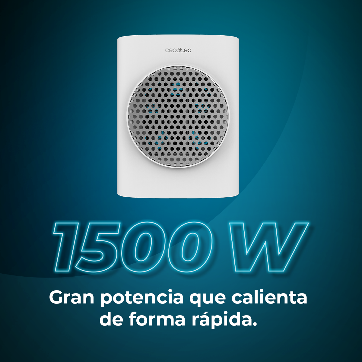 Calentador eléctrico blanco con rejilla circular y texto '1500 W'. El fondo es un degradado azul.