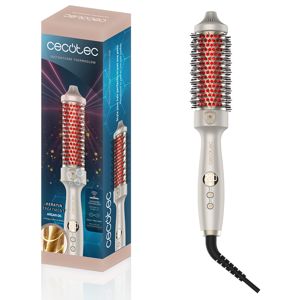 Un cepillo para peinar el cabello y su caja. El cepillo es blanco y rojo. La caja es beige y azul. Texto en español e inglés.