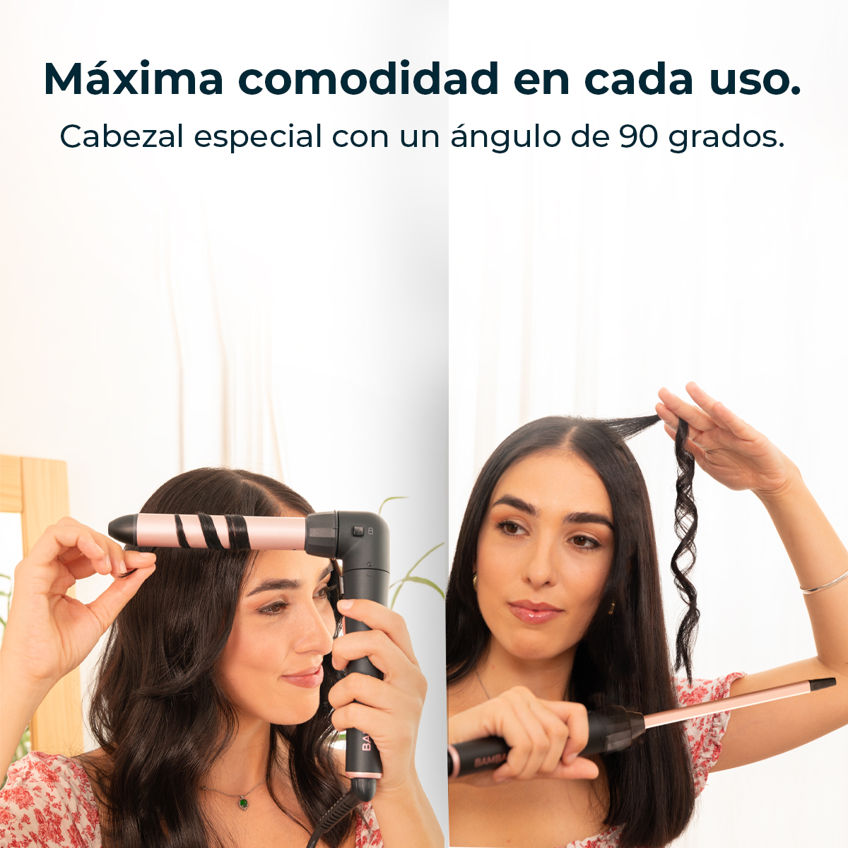 Una mujer usando una plancha rizadora. La imagen muestra a la mujer rizando su cabello, demostrando el uso y los resultados del producto.