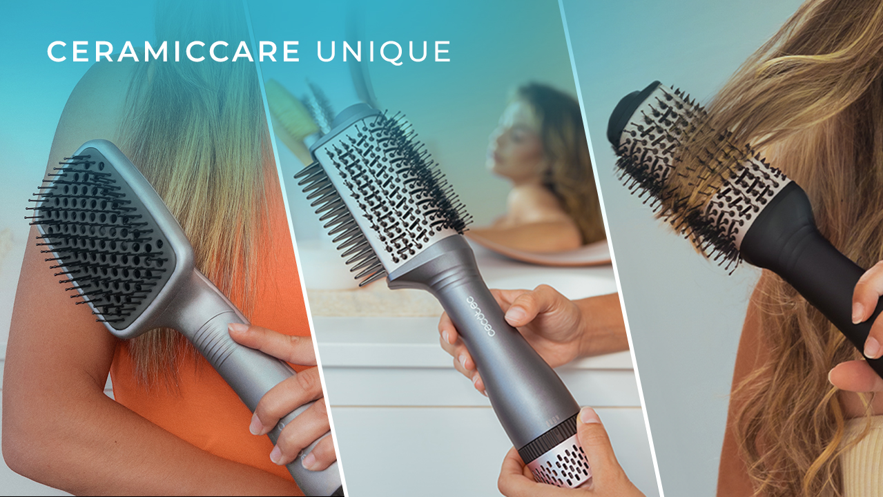 La imagen muestra a tres mujeres usando diferentes cepillos para peinar el cabello. Los cepillos son plateados y negros. El texto 'CERAMICCARE UNIQUE' está en la parte superior.
