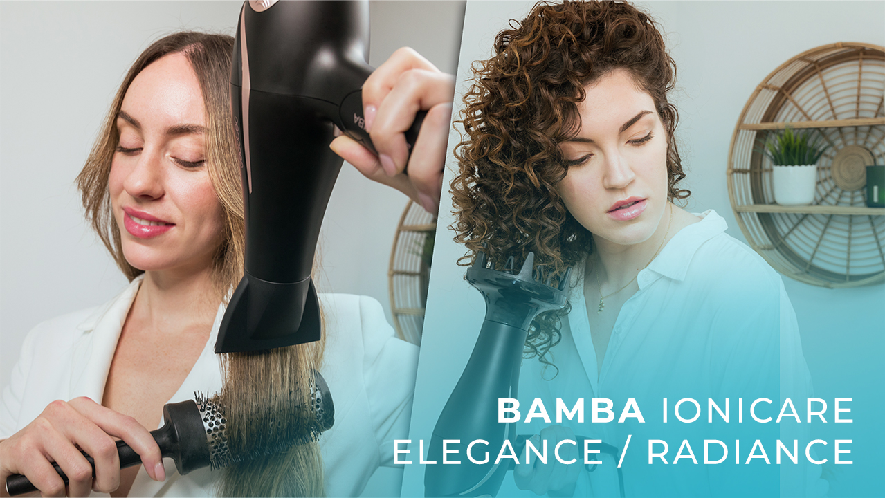 Dos mujeres usan secadores de pelo. Una cepilla cabello lacio, la otra seca cabello rizado. Texto: BAMBA IONICARE ELEGANCE / RADIANCE.