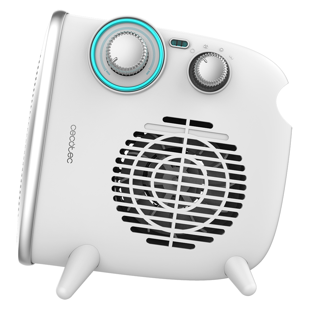 Calentador blanco con ventilador y perillas de control. Tiene una cubierta de ventilador circular y tres patas de soporte. Marca visible.