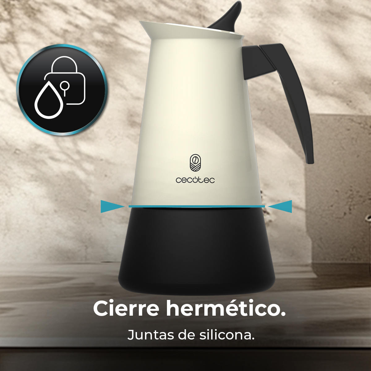 Una cafetera blanca y negra. Un gráfico de un candado y una gota de agua está arriba a la izquierda. El texto dice 'Cierre hermético'.