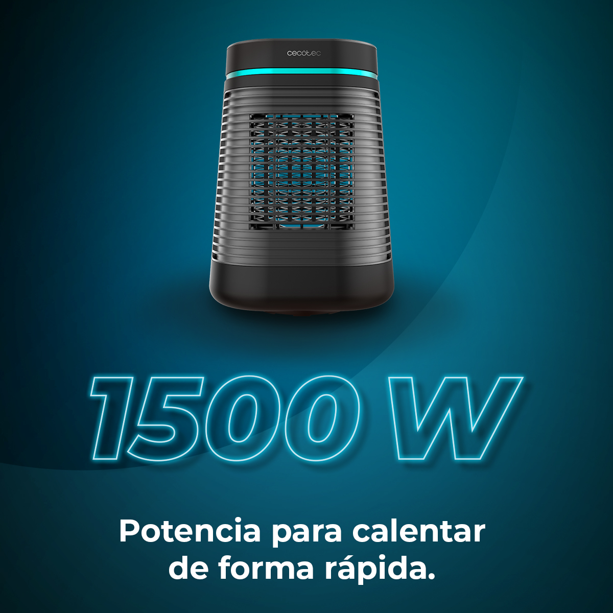 Un calefactor Cecotec negro con un brillo azul. Tiene una potencia de 1500W y el texto dice: Potencia para calentar rápidamente.