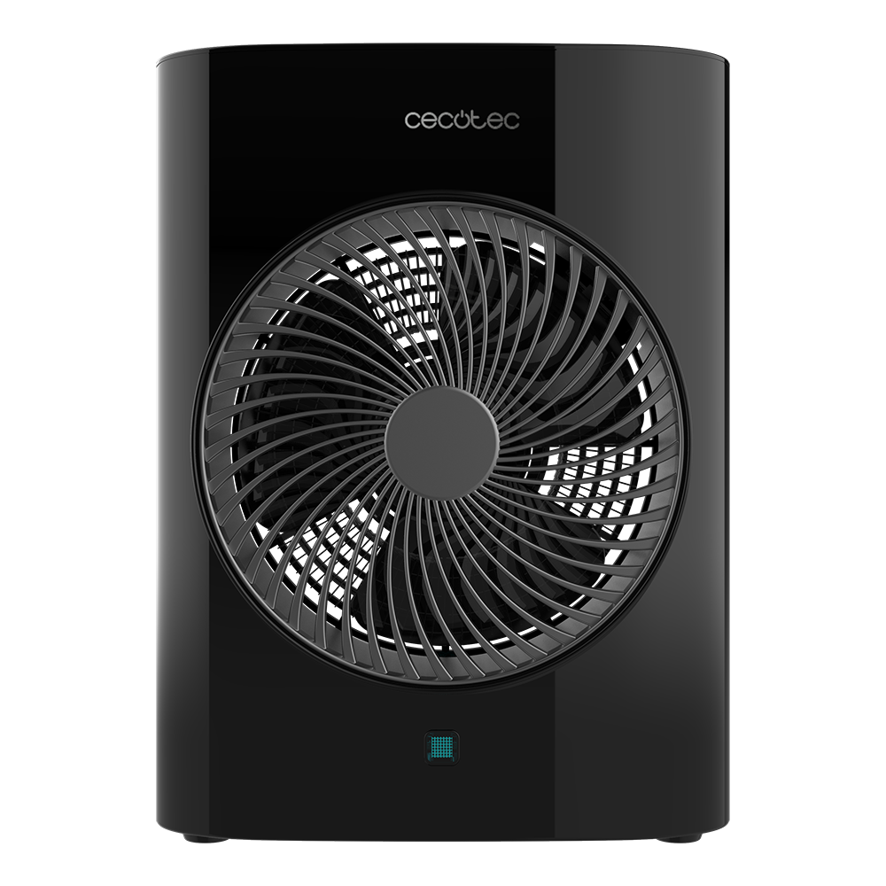 Purificador de aire negro con ventilador circular en el centro. La marca 'cecotec' está arriba. Pequeña luz azul abajo.