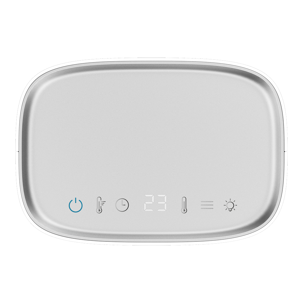 Un dispositivo blanco de rectángulo redondeado con una pantalla digital que muestra 23. Hay iconos de encendido, temperatura, temporizador y brillo.