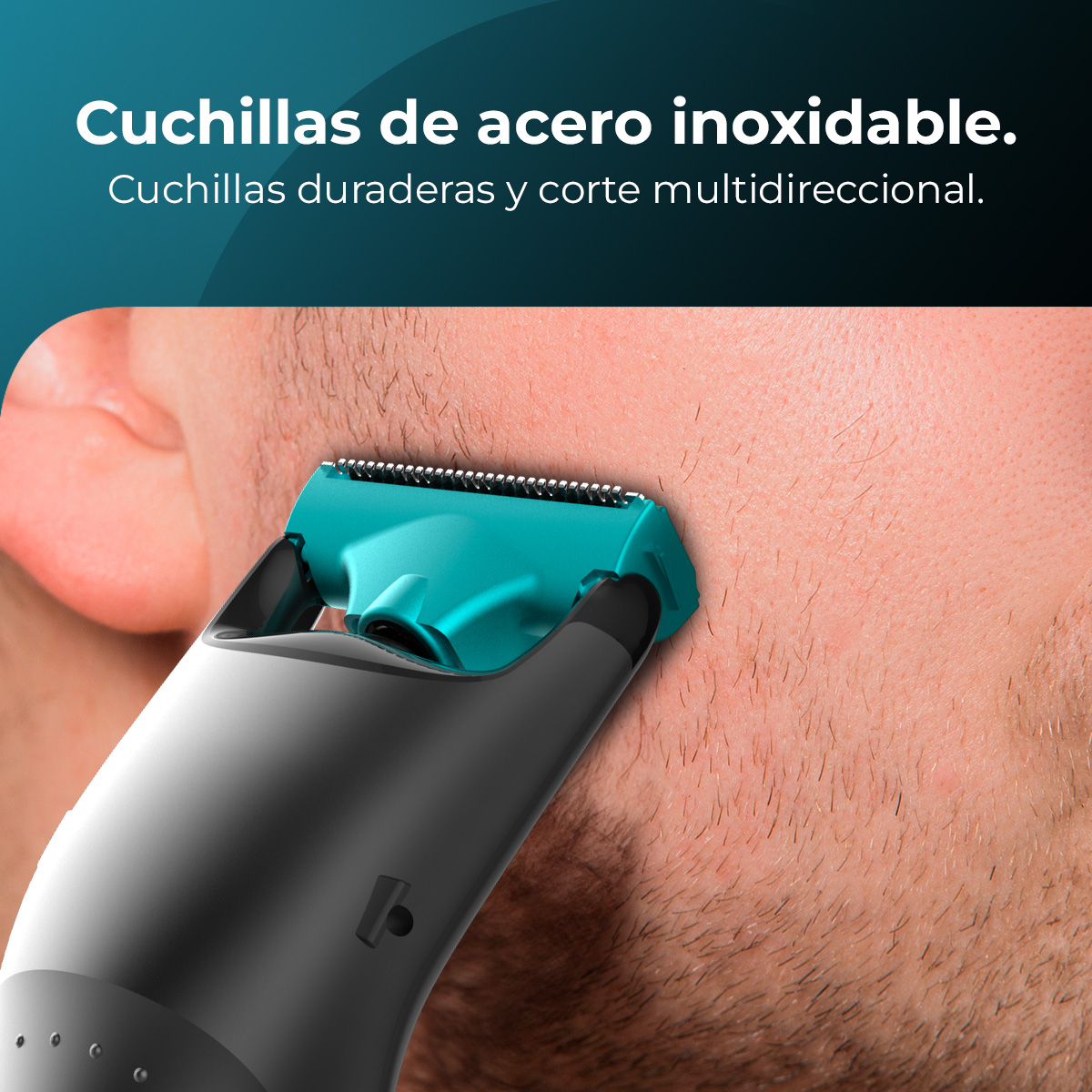 Primer plano de un recortador verde azulado y gris sobre la piel de un hombre. El recortador está cerca de la cara del hombre, se ve barba.