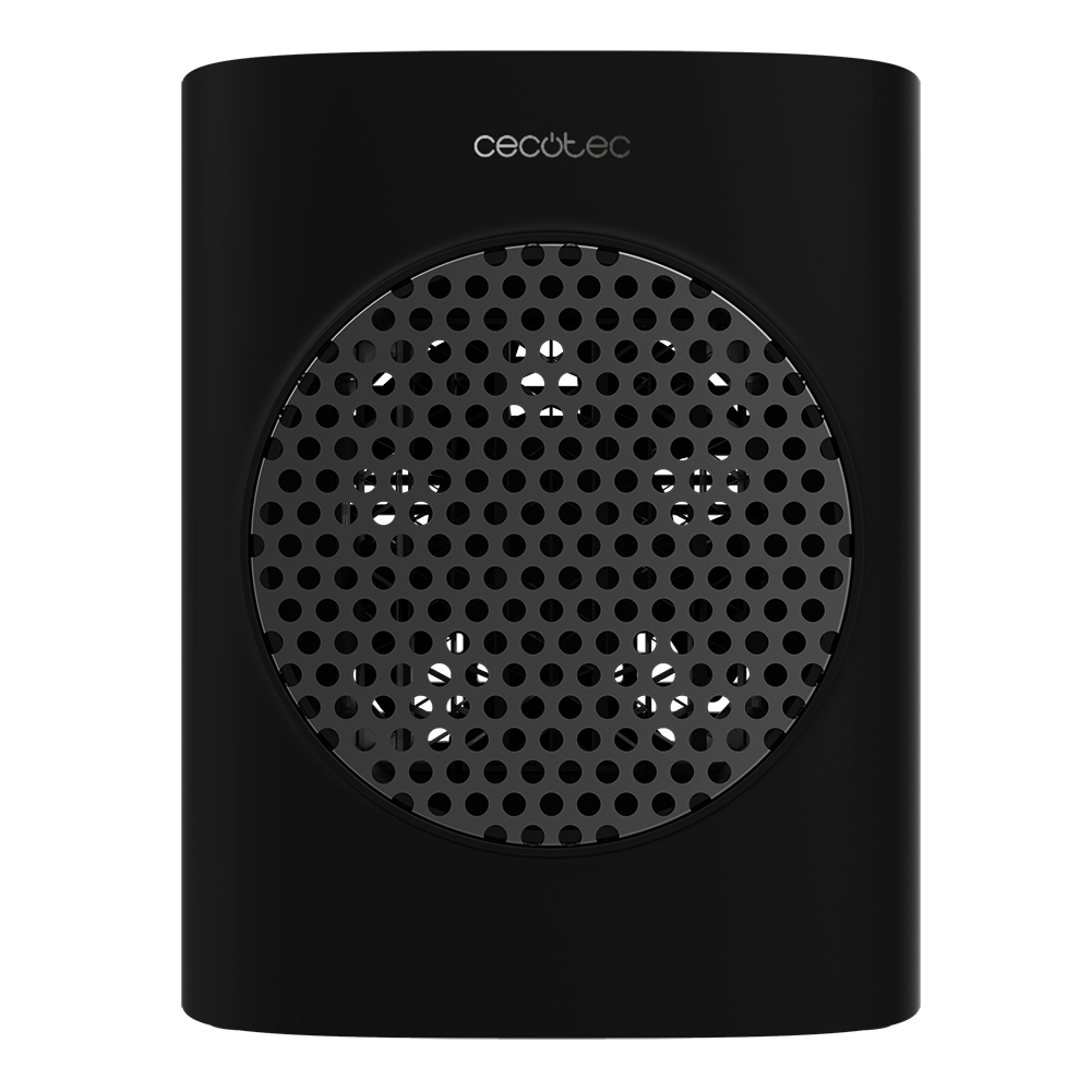 Un dispositivo negro rectangular con un panel frontal circular perforado. La marca 'cecotec' está encima del círculo.