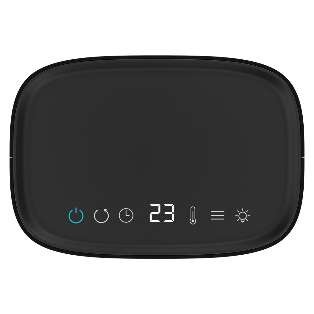 Un dispositivo negro con bordes redondeados muestra iconos y el número 23. Los iconos incluyen encendido, actualizar, temporizador, temperatura, menú y brillo.