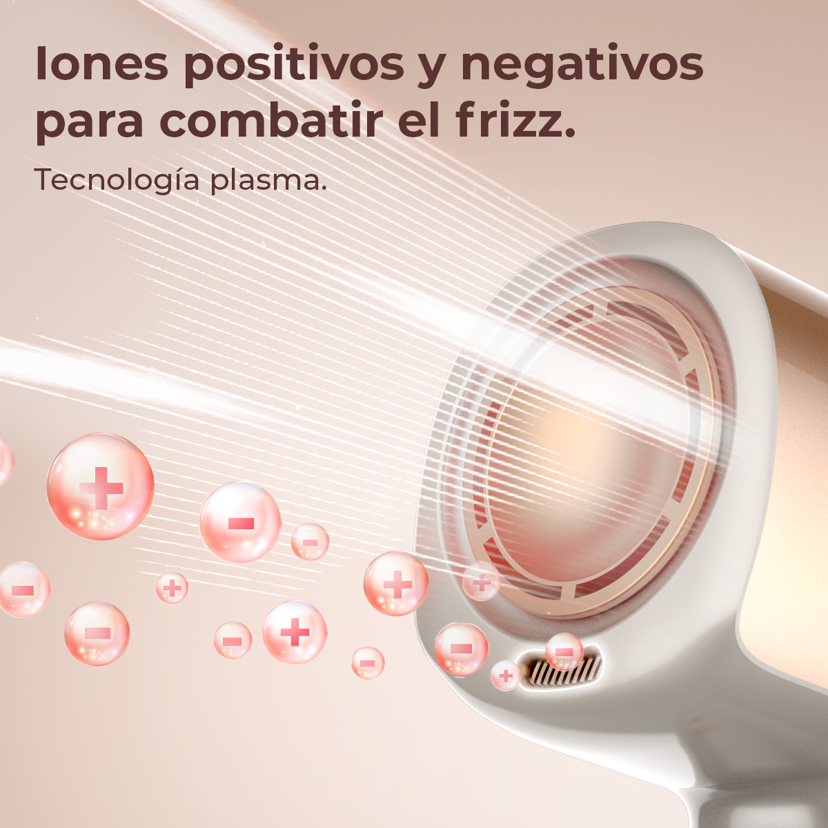 Secador de pelo con iones positivos y negativos. Tecnología plasma. Esferas rosas con signos más y menos, rayos blancos y fondo beige.