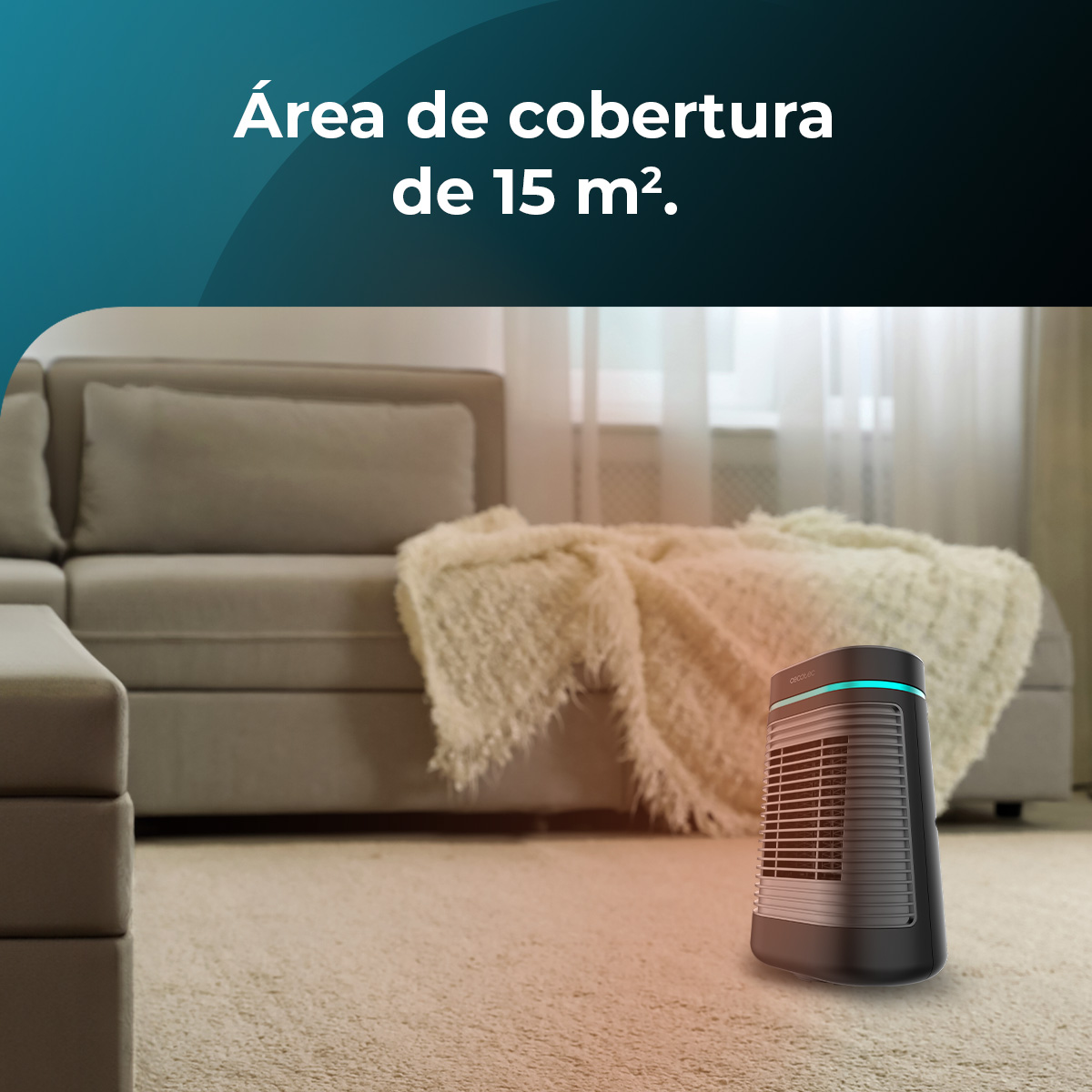 Un calefactor negro y gris sobre una alfombra frente a un sofá con una manta. El texto superior dice: Área de cobertura de 15 m2.
