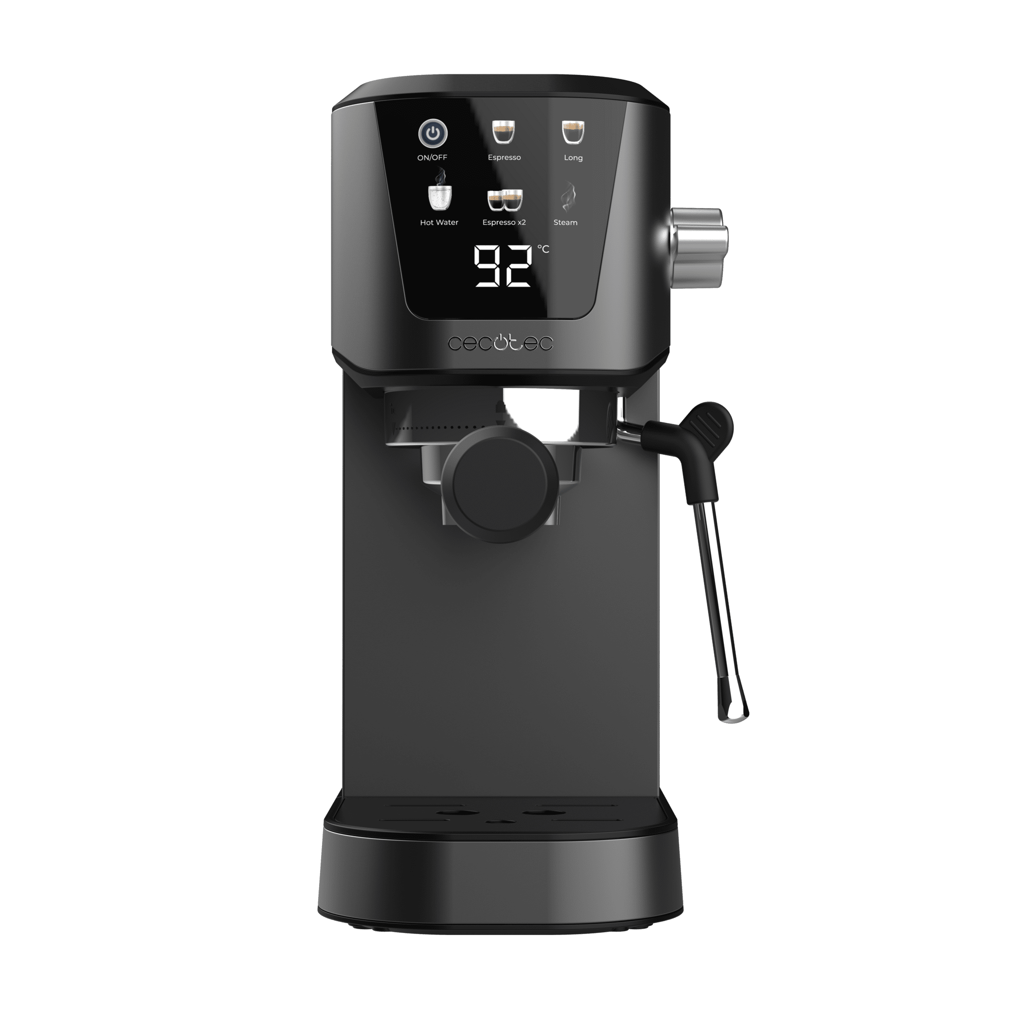Cafetera espresso negra con pantalla digital y detalles cromados. Botones para espresso, agua caliente y vapor.