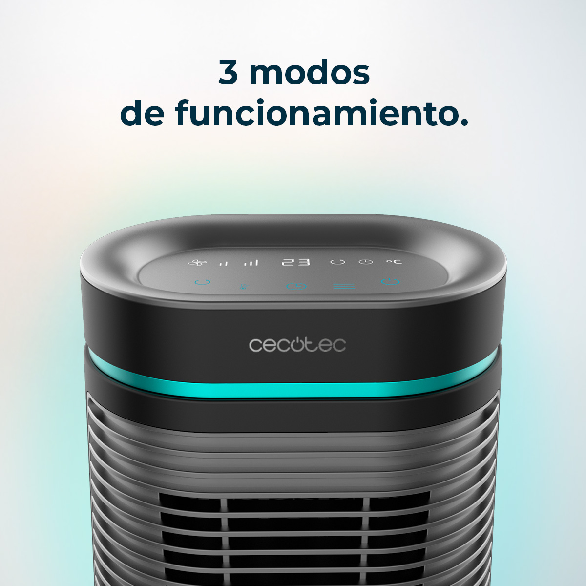Purificador de aire negro con pantalla digital que muestra 23 grados. Acentos de luz turquesa. Texto: '3 modos de funcionamiento'.