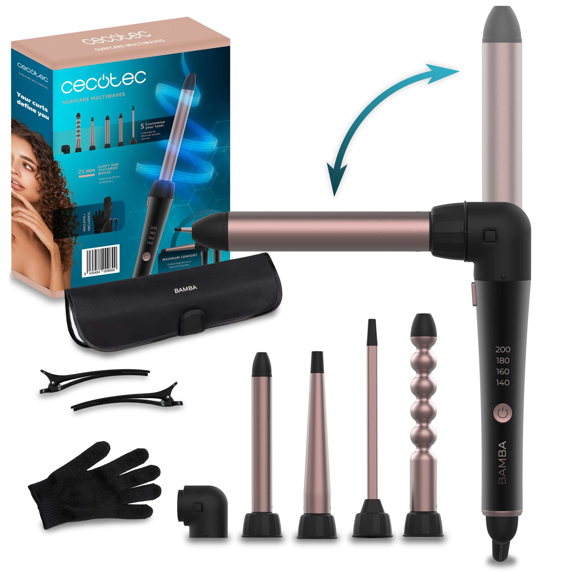 Un juego de rizador de pelo con múltiples accesorios, un guante negro y pinzas para el pelo. La caja está marcada como 'Cecotec Surfcare Multiwaves'.