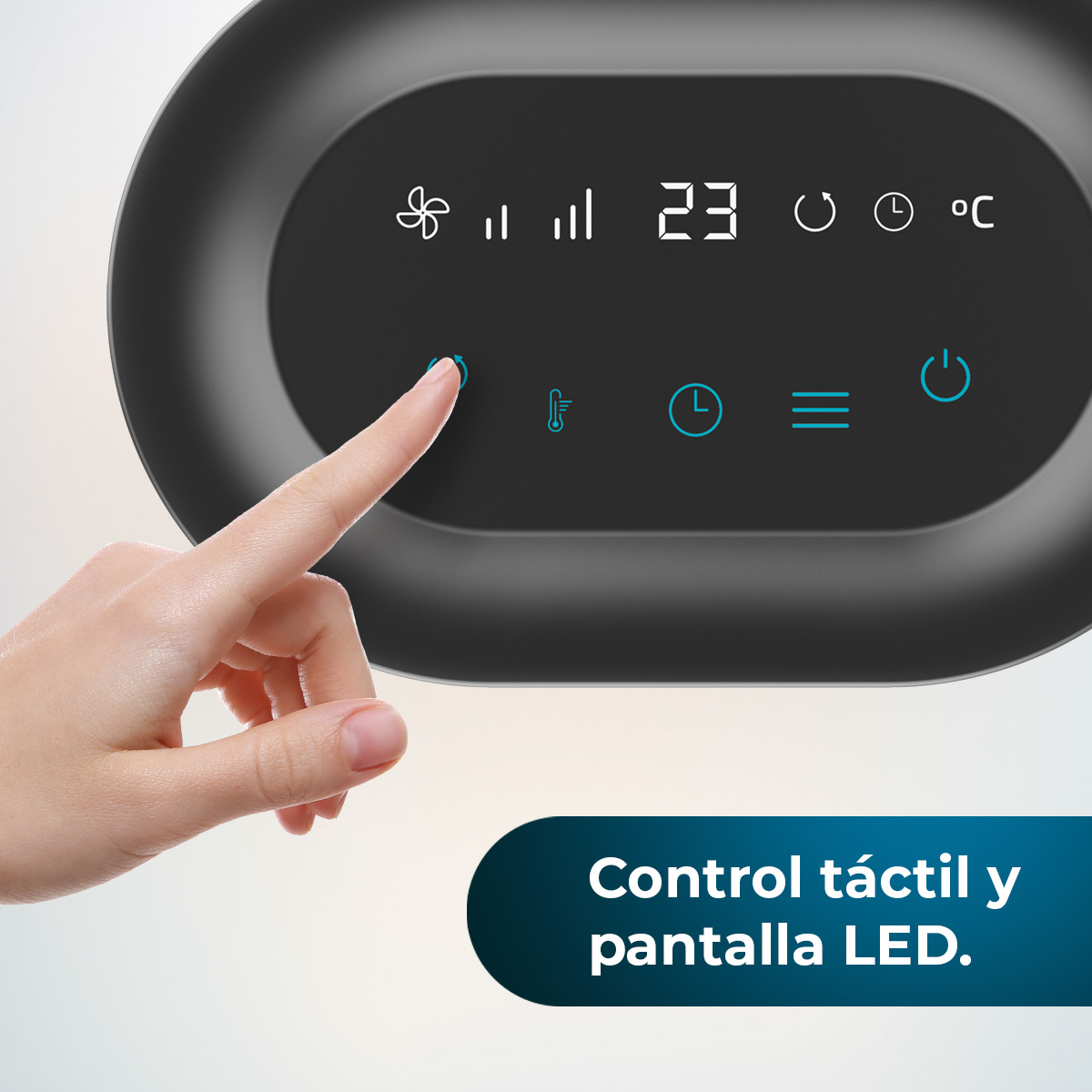 Un dedo toca un panel de control. El panel muestra iconos y números. Texto: Control táctil y pantalla LED (Control táctil y pantalla LED).