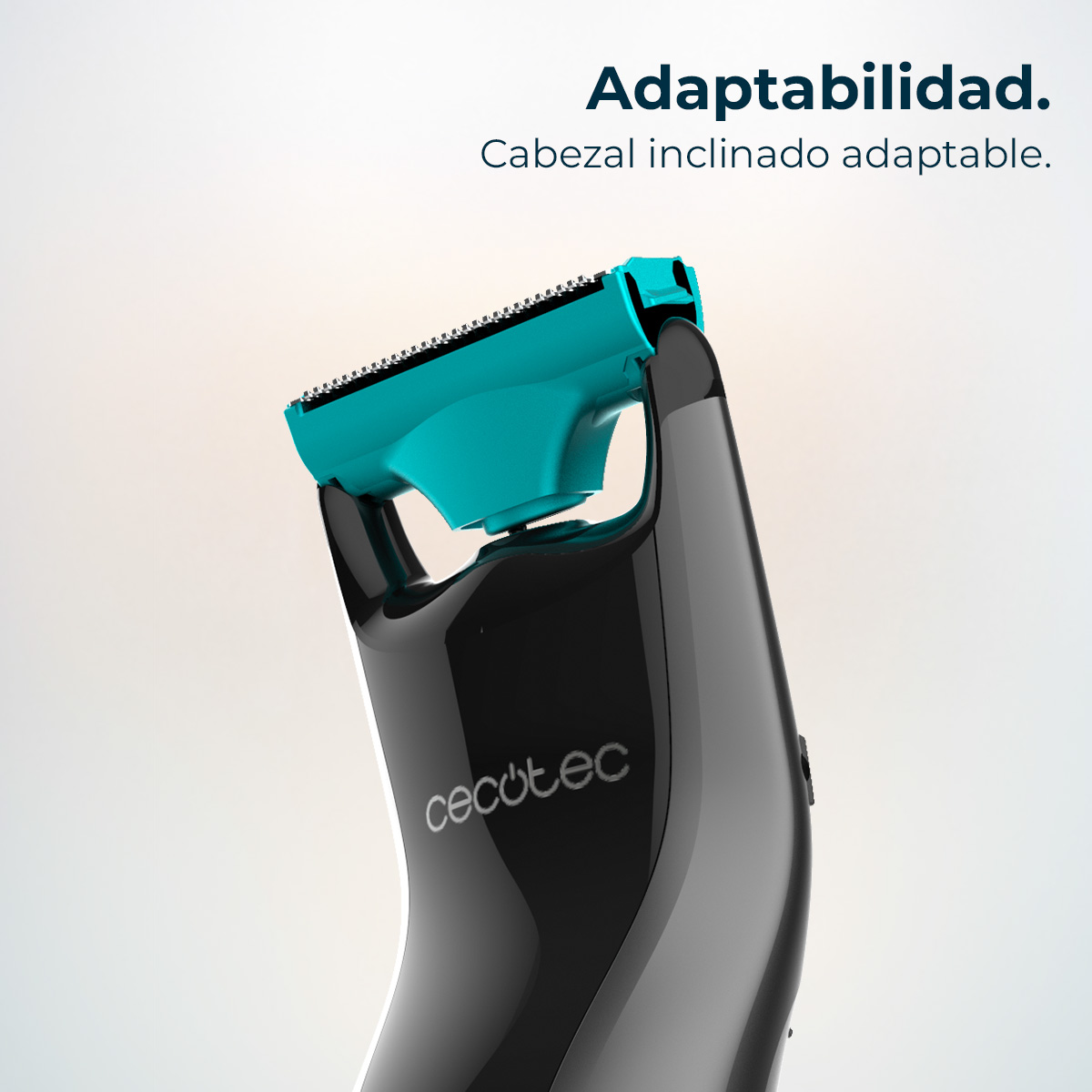 Primer plano de una recortadora negra y gris con cabezal turquesa. Visible la marca 'Cecotec'. Texto: Adaptabilidad.