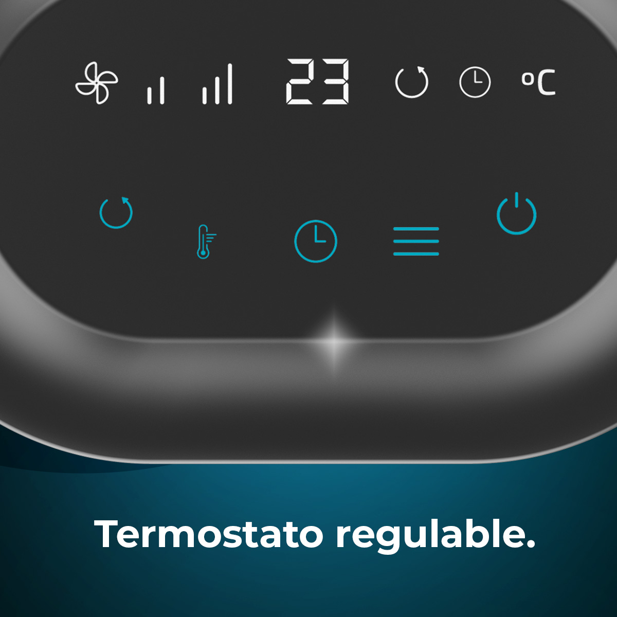 Panel negro con iconos y pantalla de 23°C. Texto inferior: 'Termostato regolabile'.