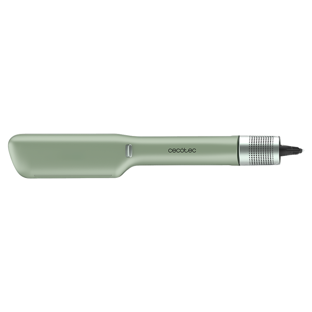 Una plancha de pelo verde con extremo plateado y cable negro. Visible la marca 'cecotec'.