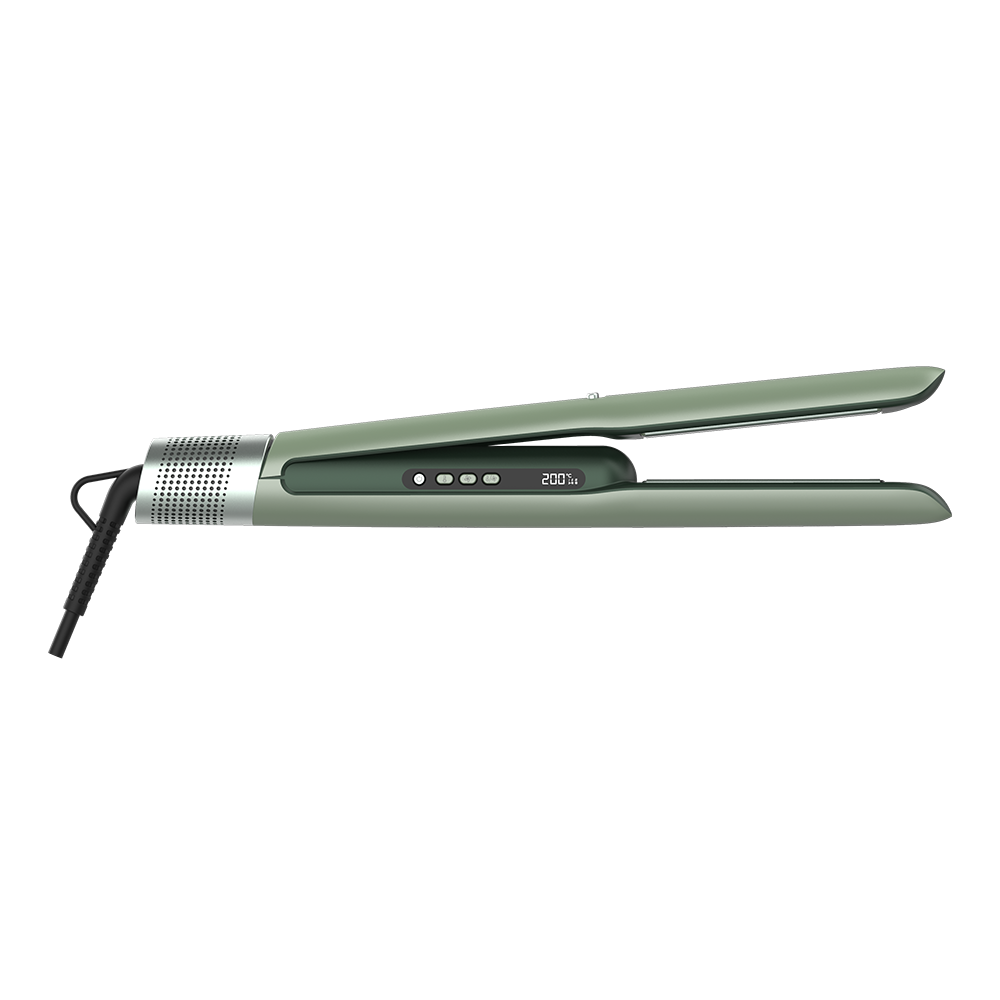 Se muestra una plancha de pelo verde. La plancha está abierta y la pantalla digital muestra 200 grados.